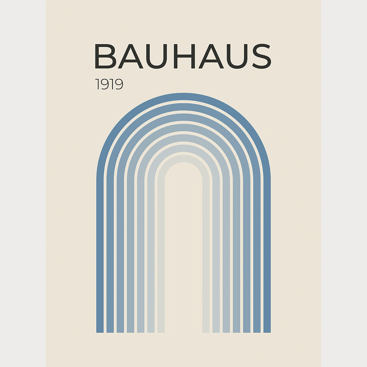 Bauhaus art print featuring a symmetrical blue gradient arch, inspired by Bauhaus design principles.