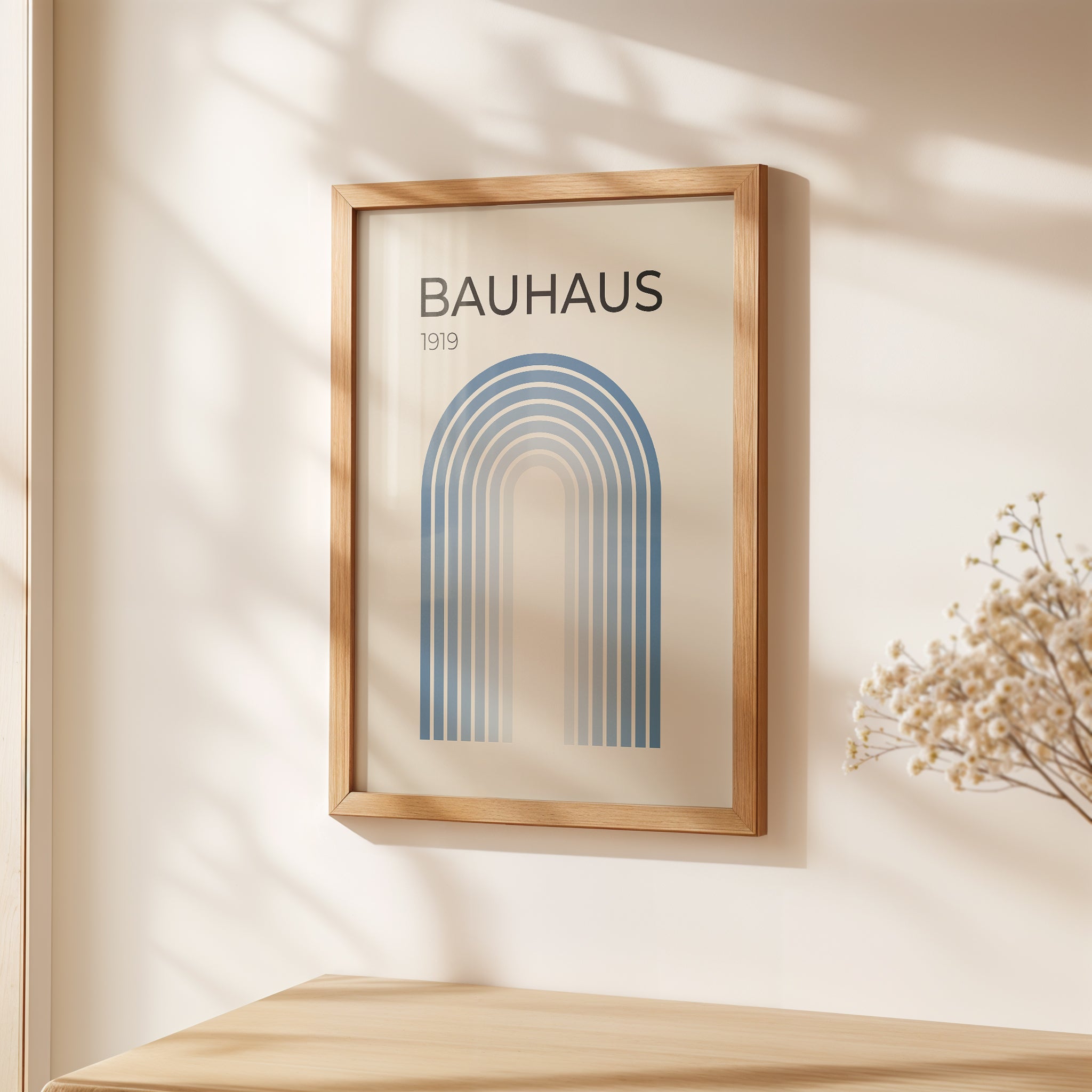 Bauhaus wall art print featuring blue gradient arches, embodying modern design and simplicity in home decor.
