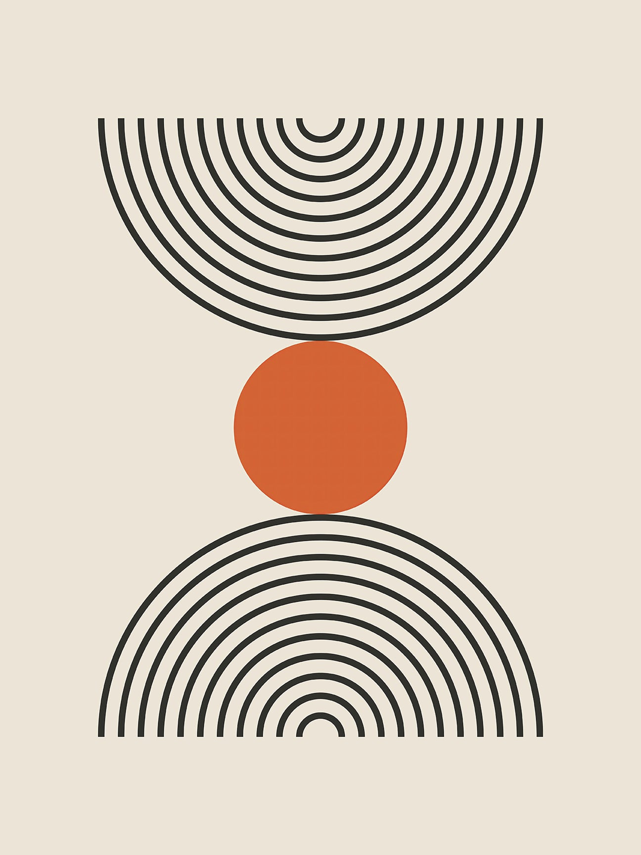 Bauhaus-inspired wall art print featuring concentric black semicircles and a central burnt-orange circle.