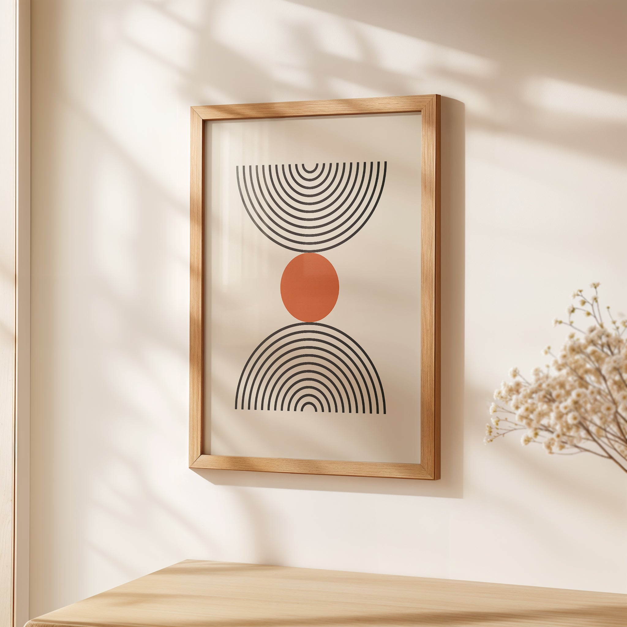 Bauhaus-inspired wall art print with concentric black semicircles and a burnt-orange circle, framed beautifully.