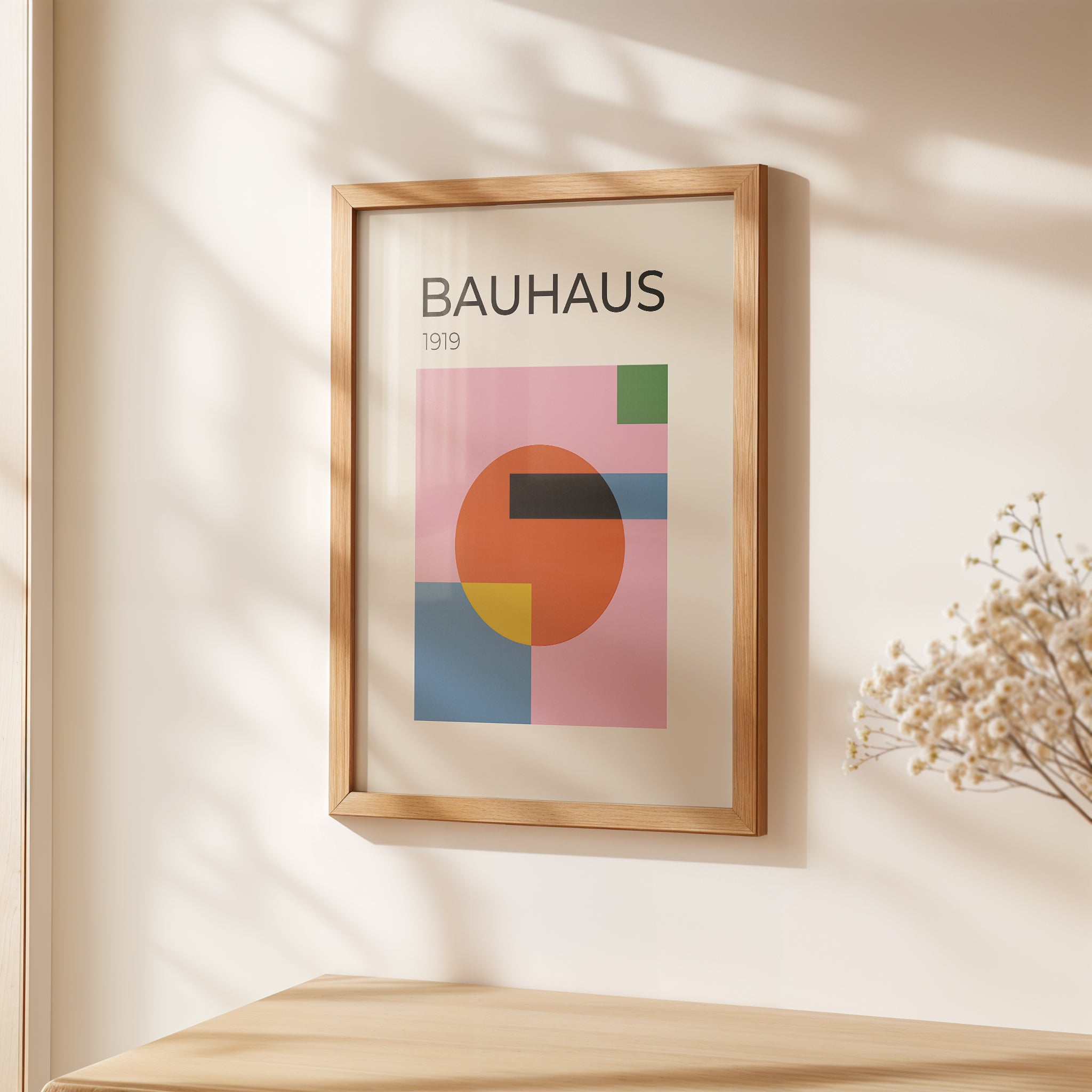 Bauhaus wall art print featuring geometric shapes in vibrant colors, showcasing Bauhaus design aesthetics.