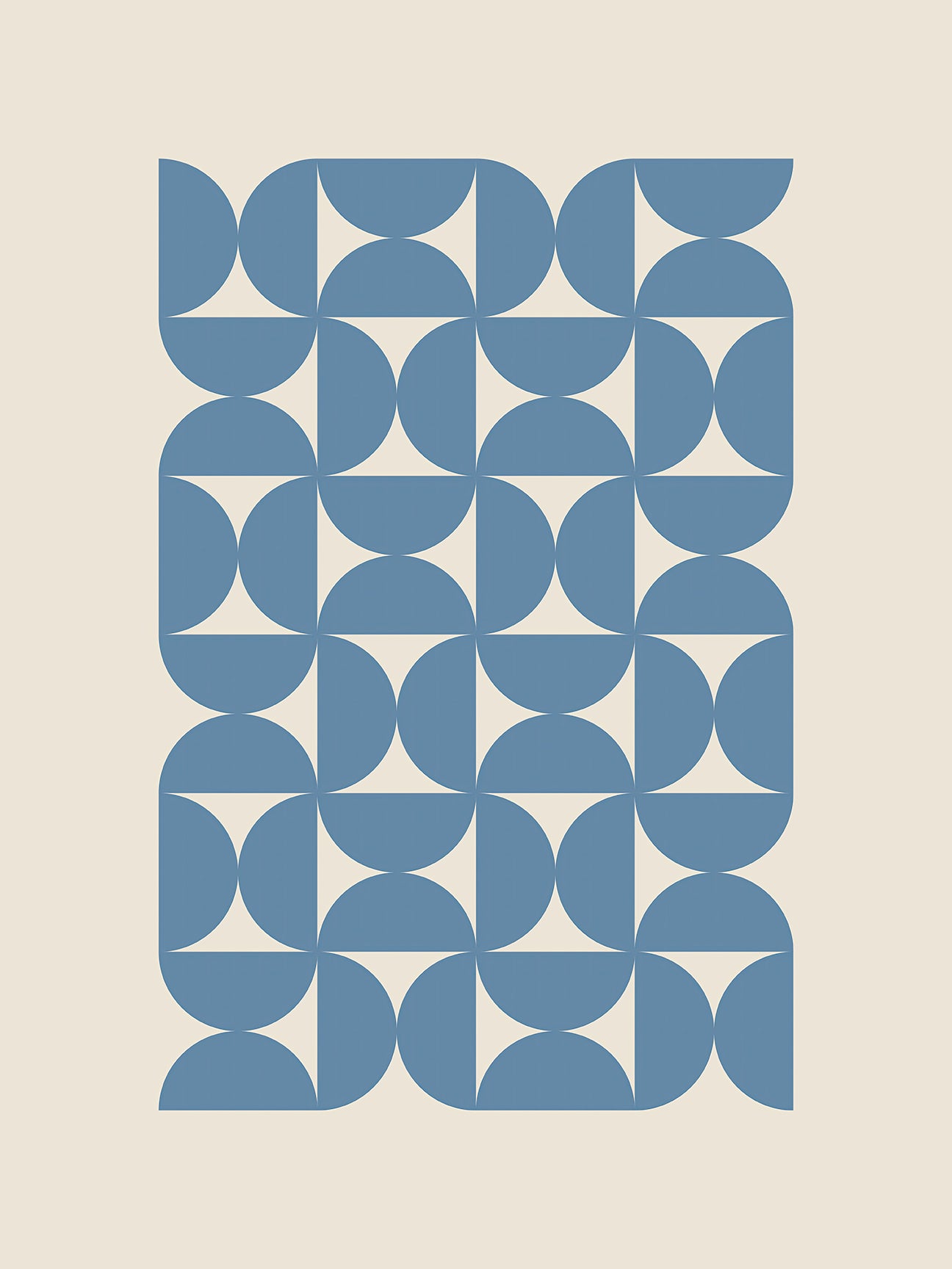 Bauhaus Waves art print featuring geometric blue semicircles on a neutral background, inspired by Bauhaus design.