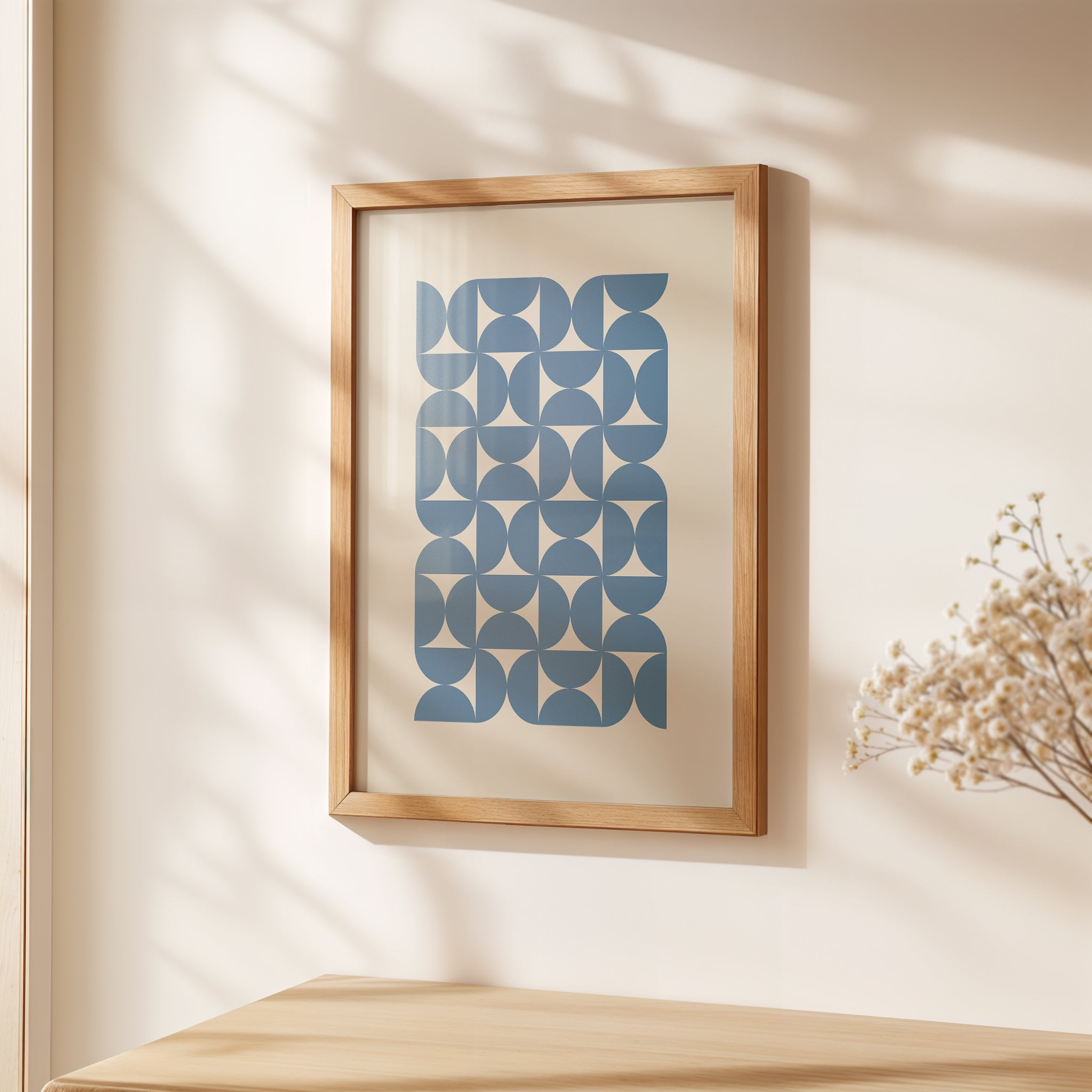 Bauhaus Waves art print featuring geometric blue shapes on a neutral background, perfect for modern wall decor.