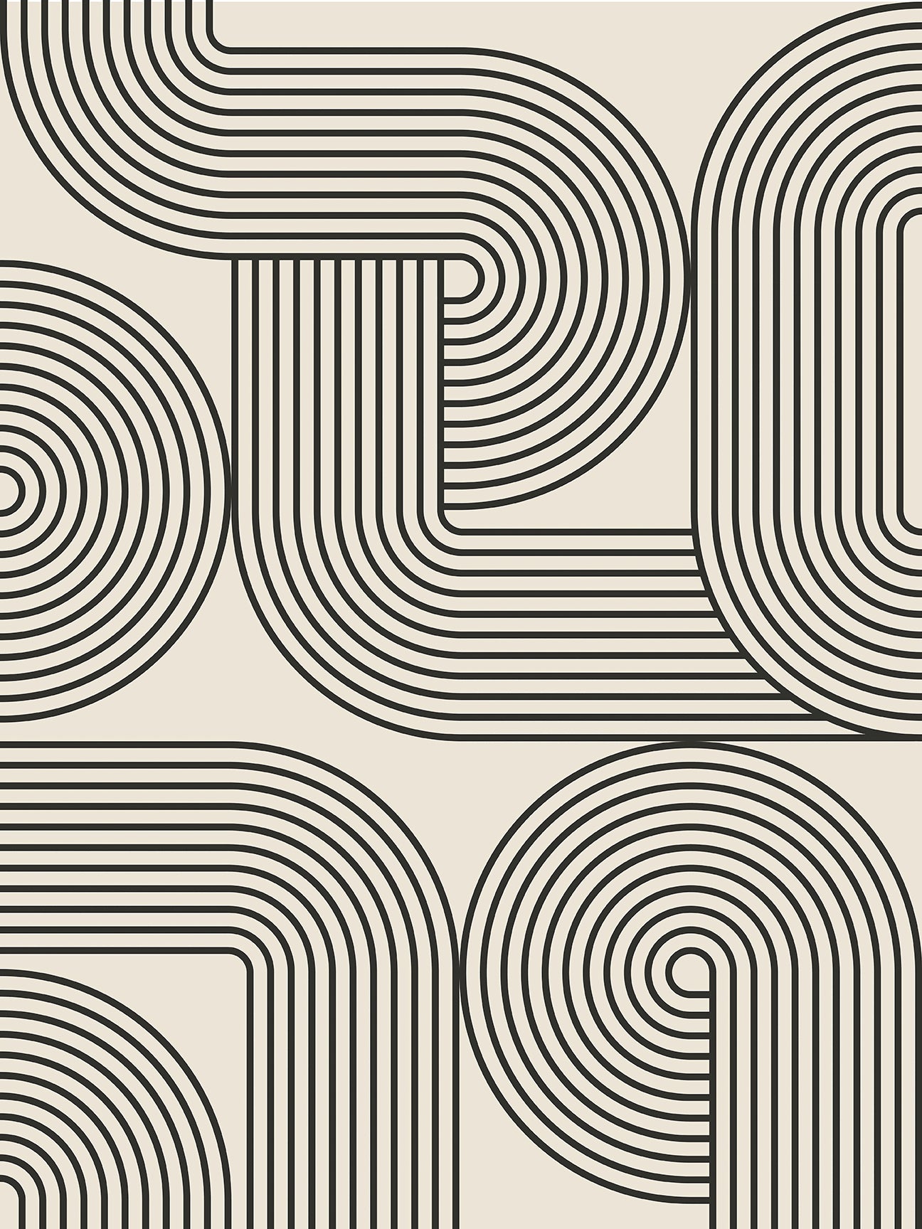 Monoline Motion art print with concentric black lines, inspired by Bauhaus design on a cream background.