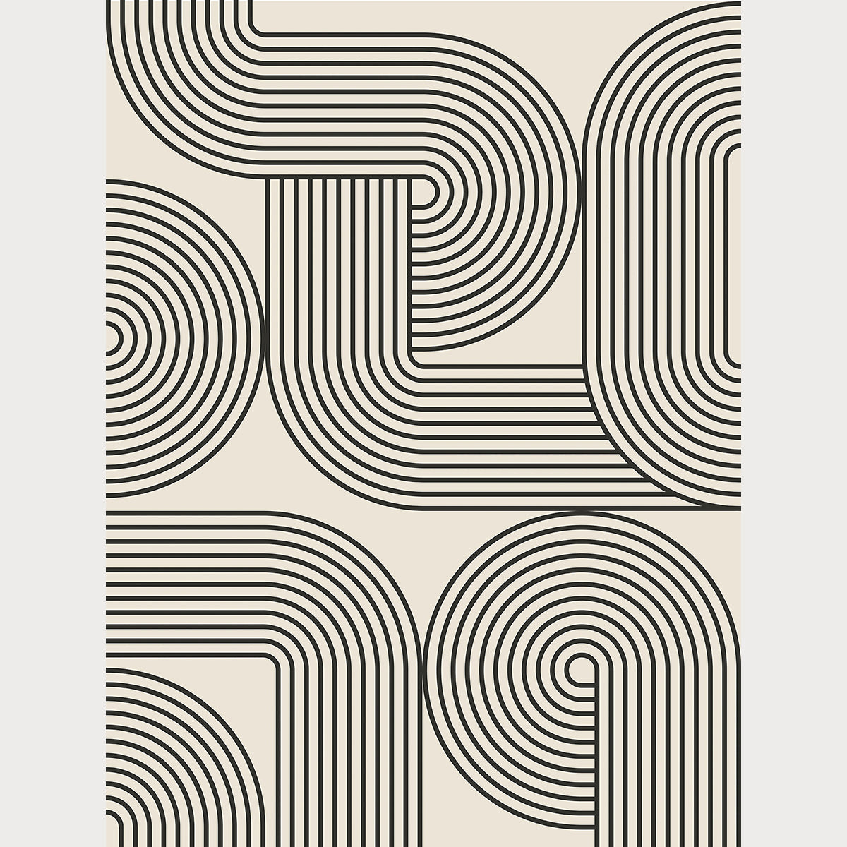 Monoline Motion art print featuring hypnotic black lines on a soft cream background, inspired by Bauhaus design.