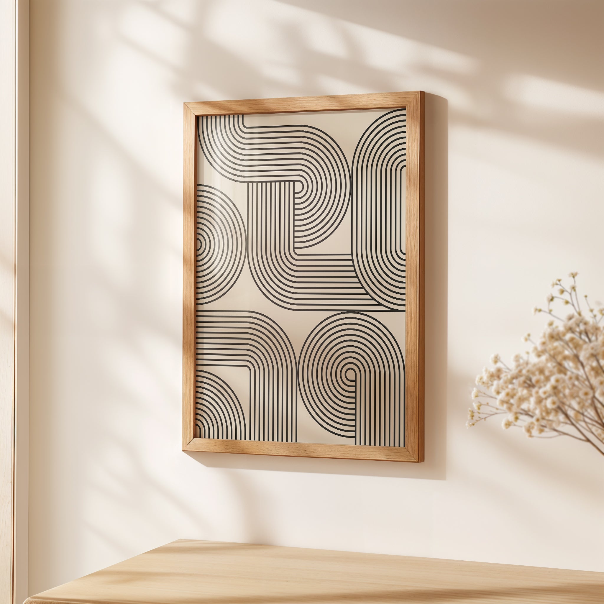 Monoline Motion art print featuring geometric black lines on cream, inspired by Bauhaus design for modern wall art.