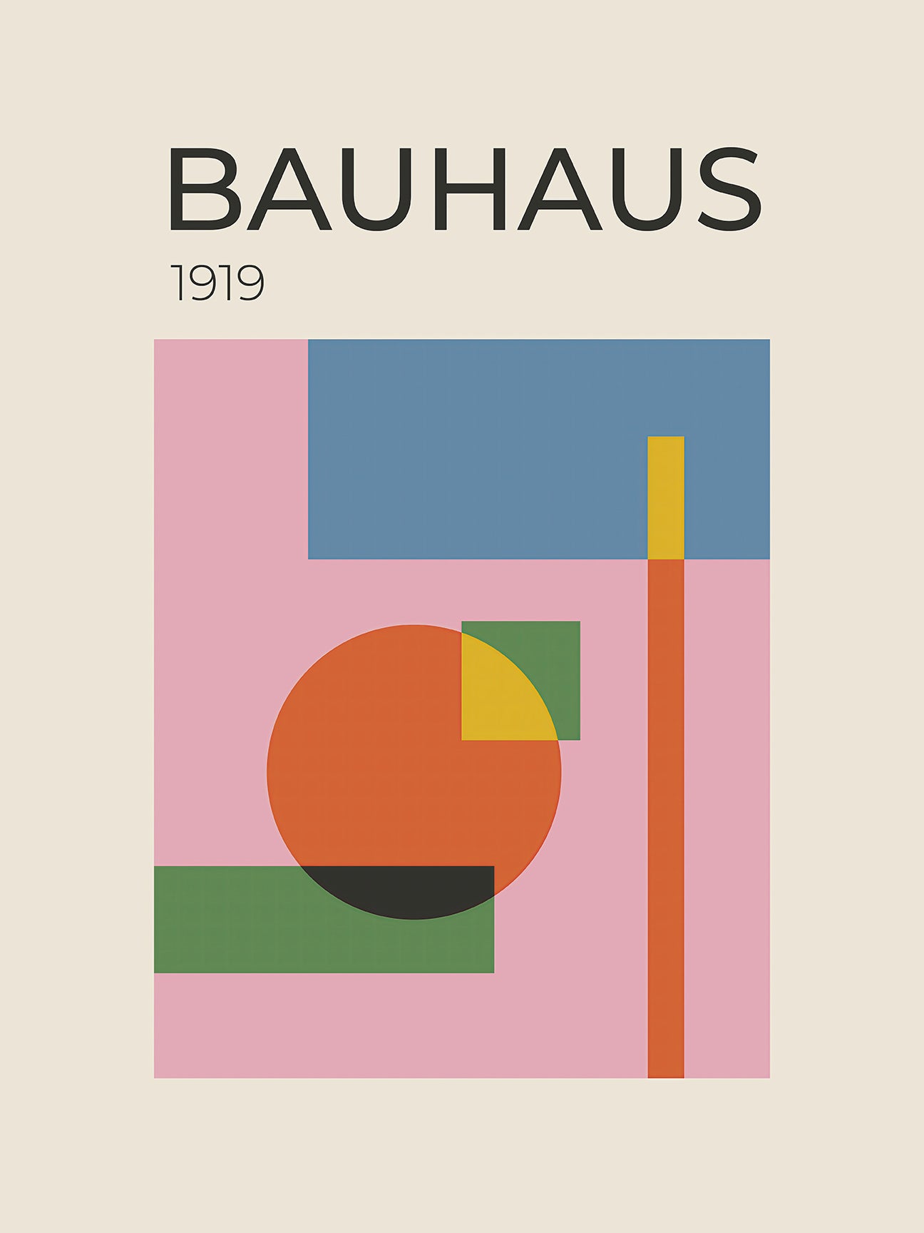 Bauhaus 1919 art print featuring geometric shapes and vibrant colors against a pink background, embodying modern design.