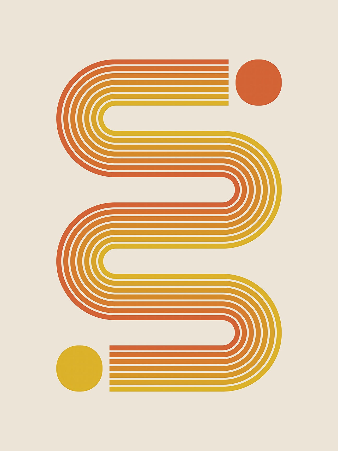 Bauhaus-inspired art print featuring sunset-toned curved lines with vivid circles, ideal for modern wall art.