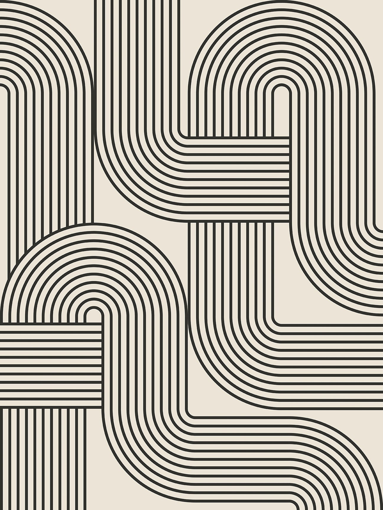 Bauhaus-inspired wall art print with hypnotic black lines creating a dynamic loop pattern for modern decor.