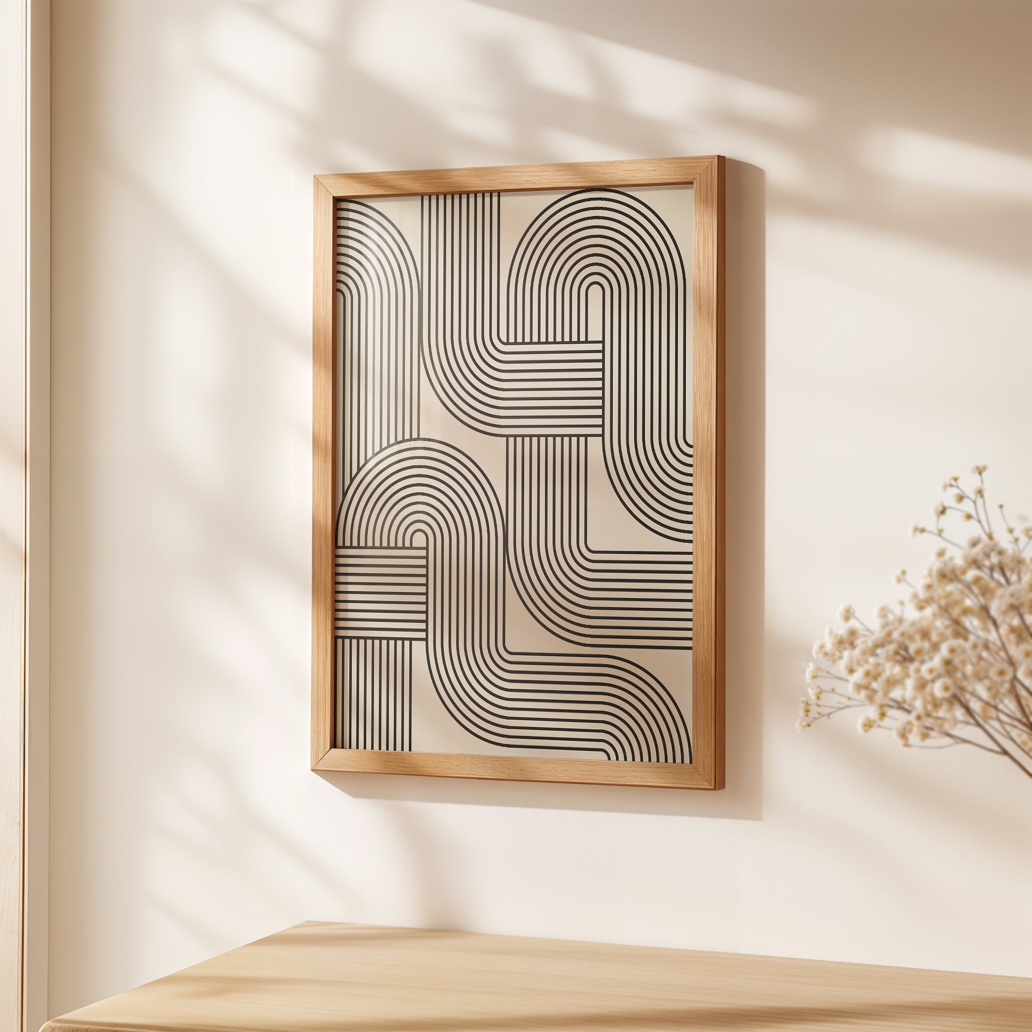 Bauhaus-inspired wall art print 'Loop Logic' featuring hypnotic black lines in a modern frame, ideal for contemporary decor.