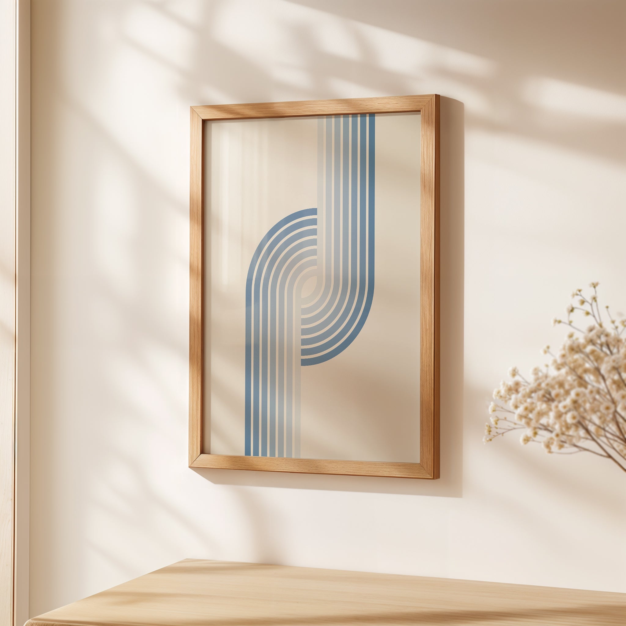 Bauhaus wall art print 'Arctic Current' featuring soft blue gradient stripes in a minimalist frame.