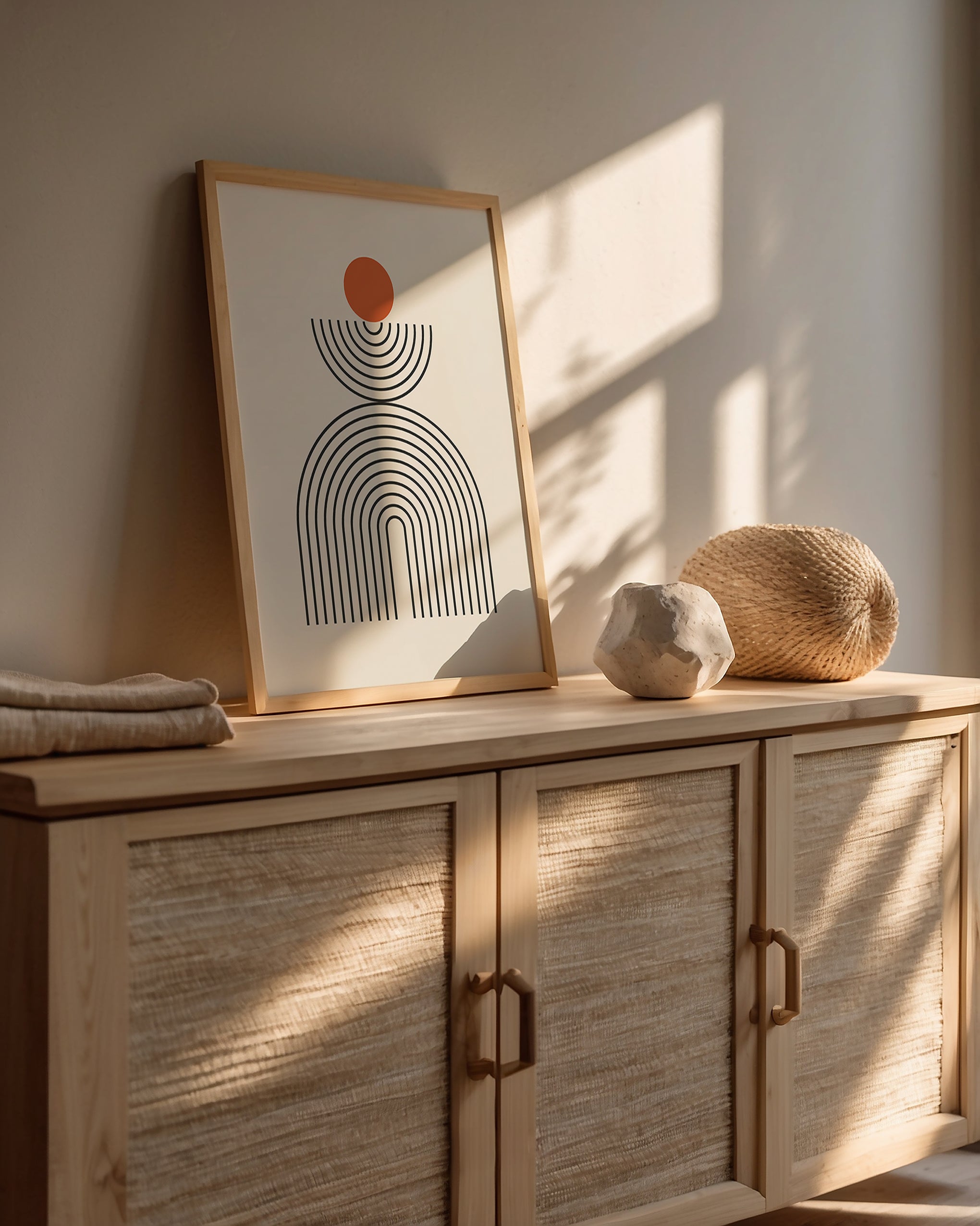 Modern Totem art print featuring Bauhaus design with geometric shapes and natural colors in a minimalist living space.
