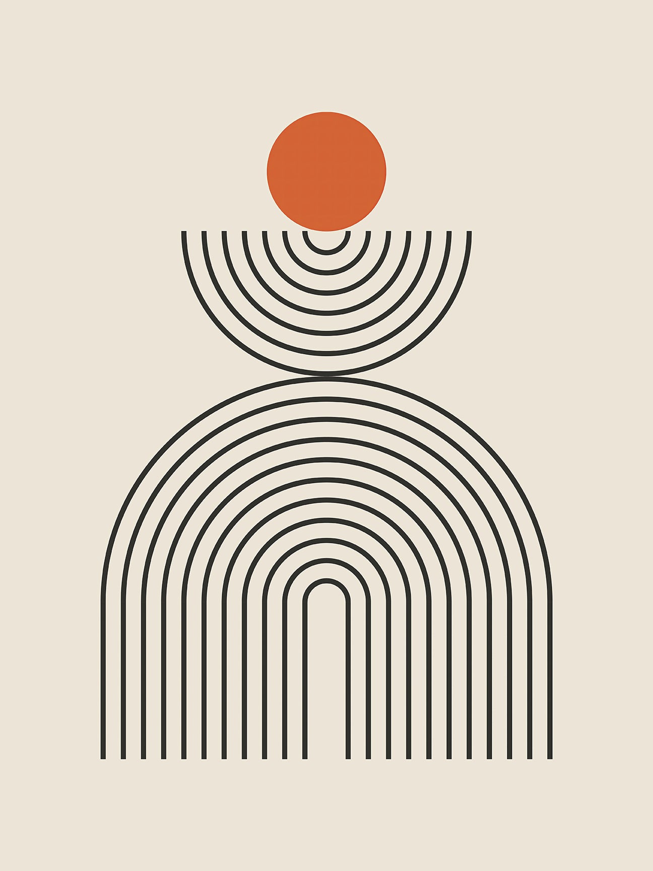 Bauhaus wall art featuring a minimalist design with an orange circle and geometric curves, perfect for modern decor.
