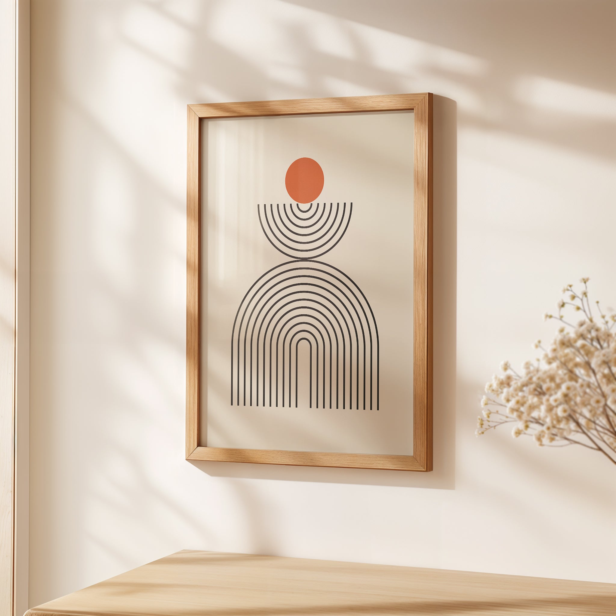 Modern Totem Bauhaus wall art featuring geometric lines and an orange circle in a minimalist frame.