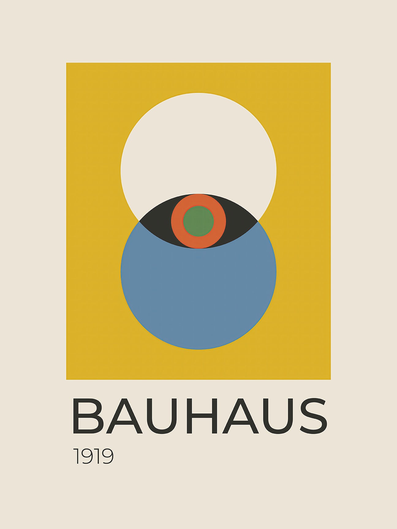 Bauhaus wall art print featuring overlapping circles and bold colors, inspired by Bauhaus modernism.