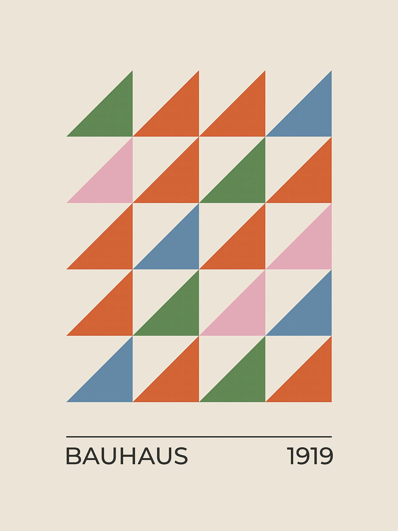 Abstract Bauhaus art print featuring colorful minimalist triangles in a grid pattern, celebrating modern design.