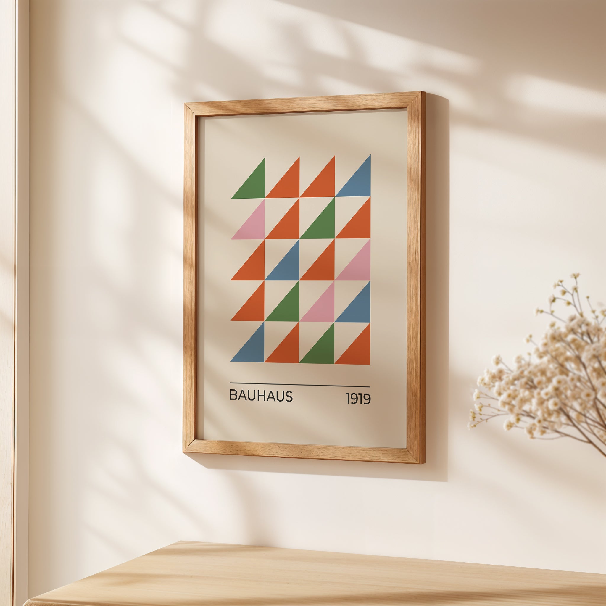 Bauhaus art print featuring colorful geometric triangles, illustrating Bauhaus modern art aesthetic.