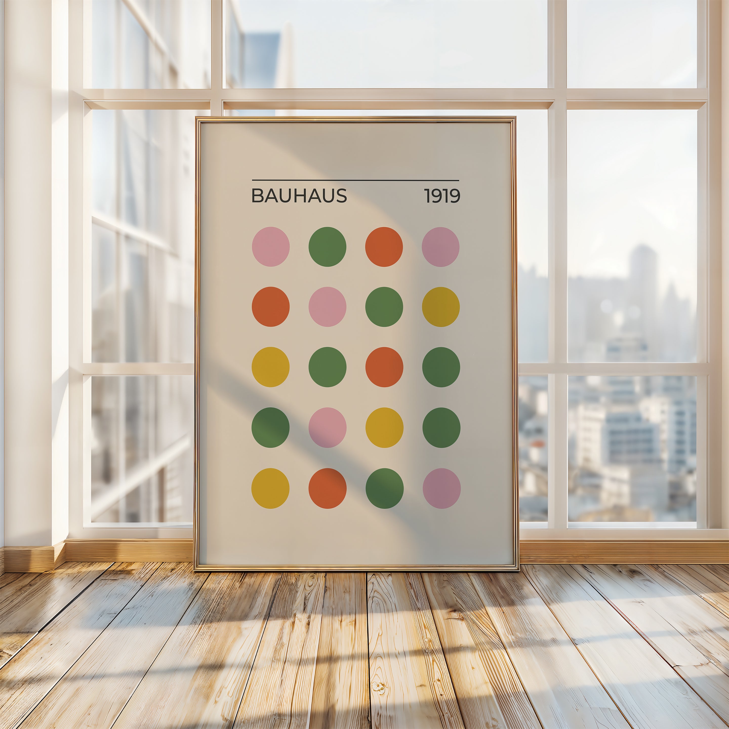 Bauhaus modern art print featuring vibrant colored circles in a minimalist design, displayed in a contemporary interior.