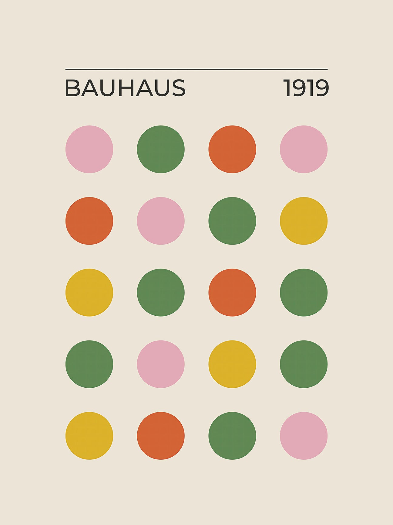 Bauhaus modern art print with colorful circular patterns in blush, green, mustard, and orange, showcasing minimalist design.