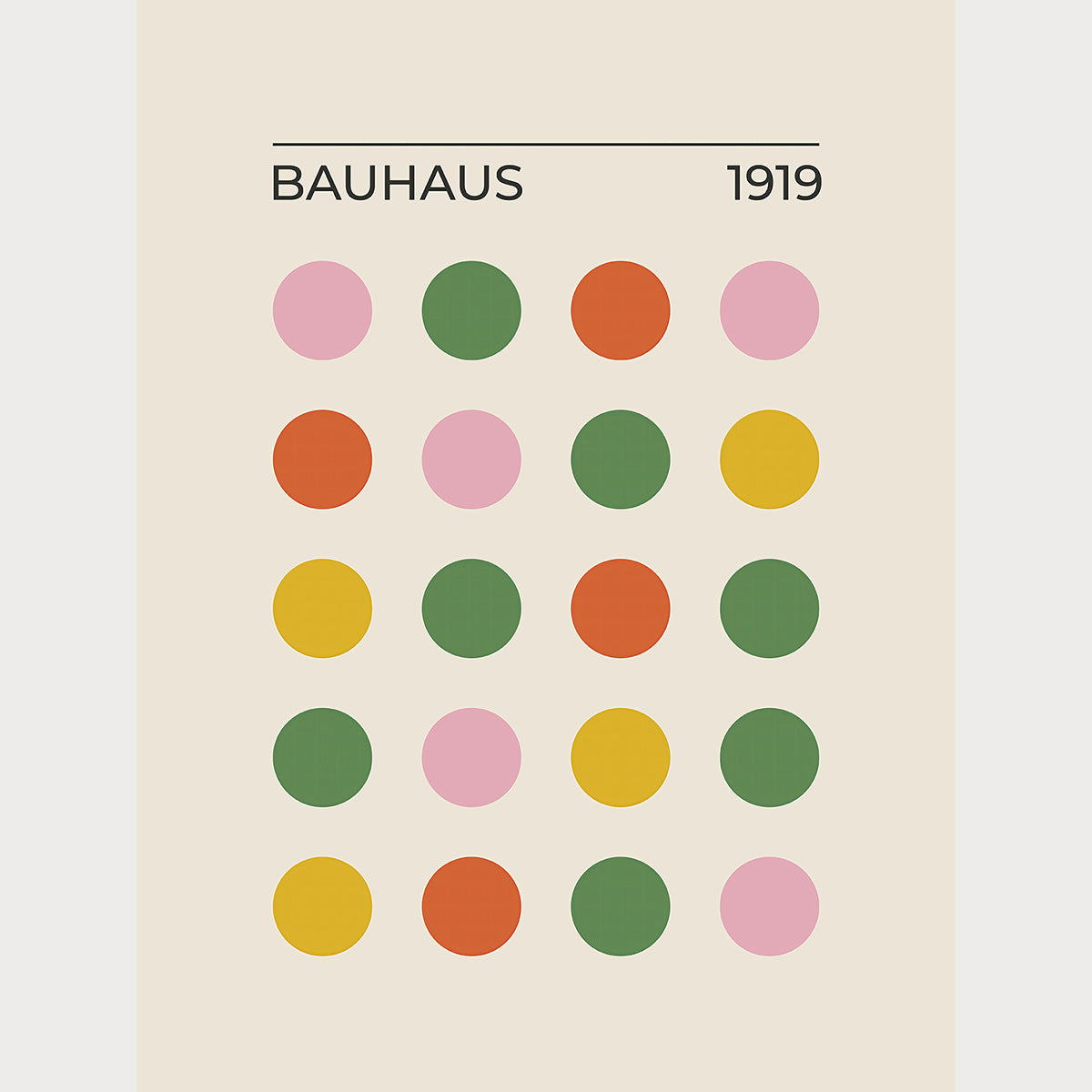 Bauhaus Color Dot Matrix art print featuring vibrant circles in blush pink, mustard yellow, forest green, and bold orange.