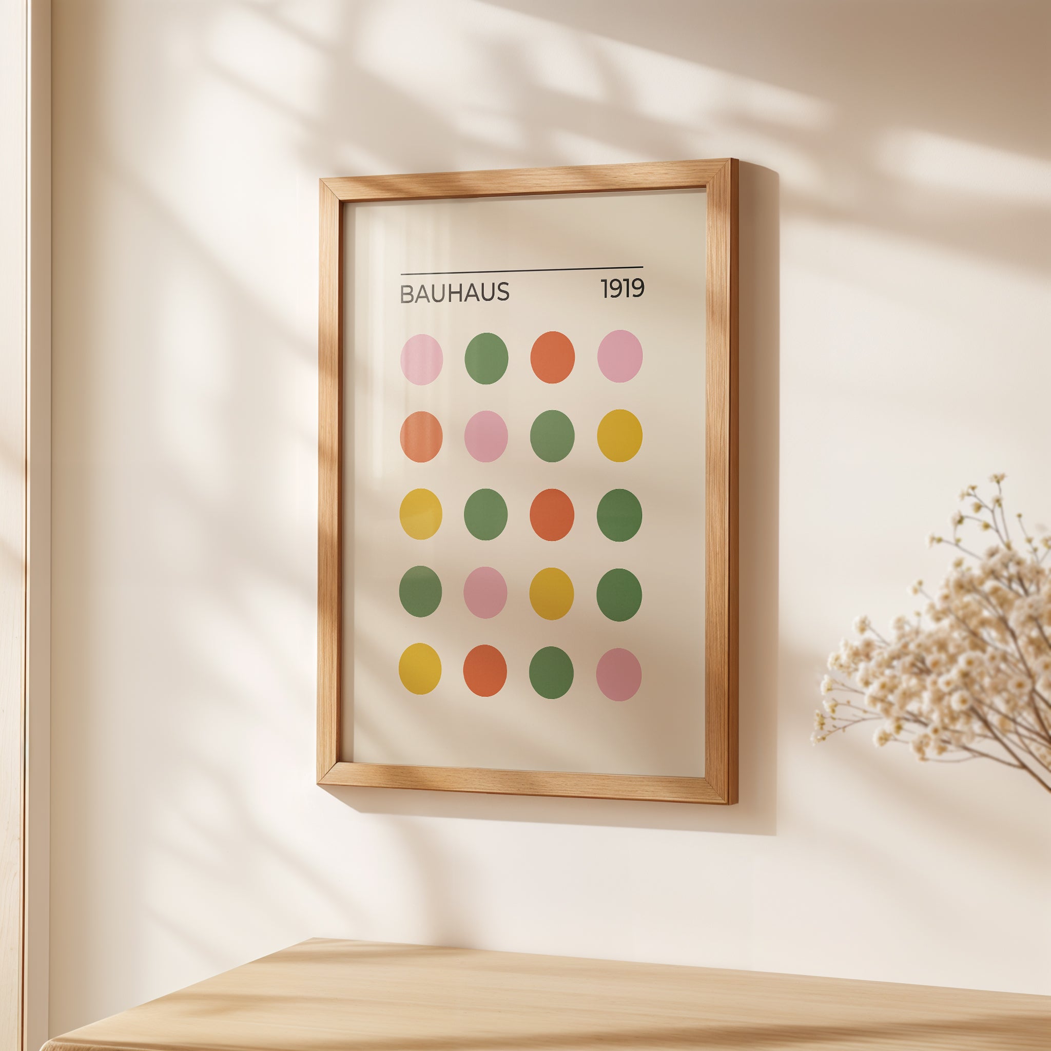 Bauhaus modern art print featuring colorful circles in a minimalist frame, perfect for contemporary wall decor.