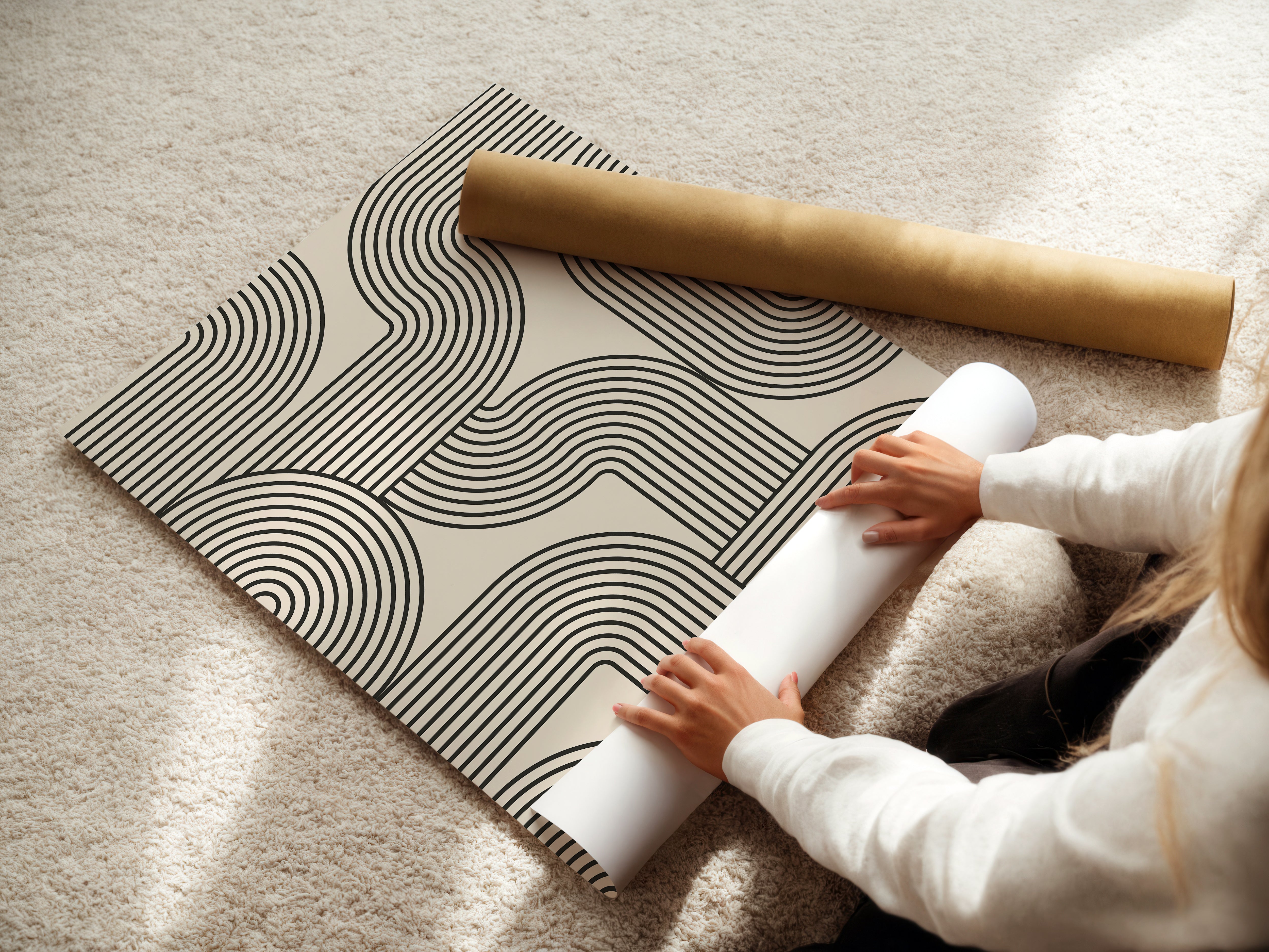 Curved Network Bauhaus art print with black geometric lines on a neutral background, ideal for modern interiors.
