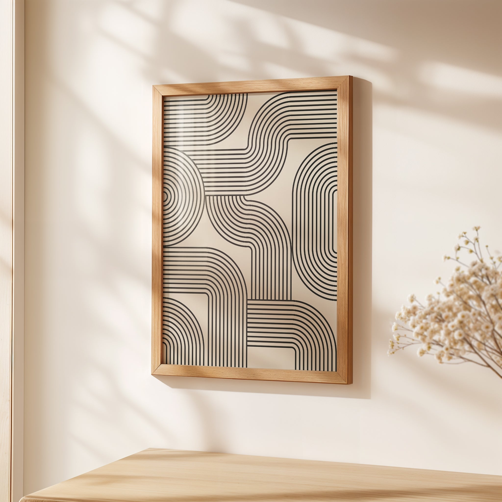 Curved Network wall art print featuring Bauhaus-inspired black monolines on a neutral background.