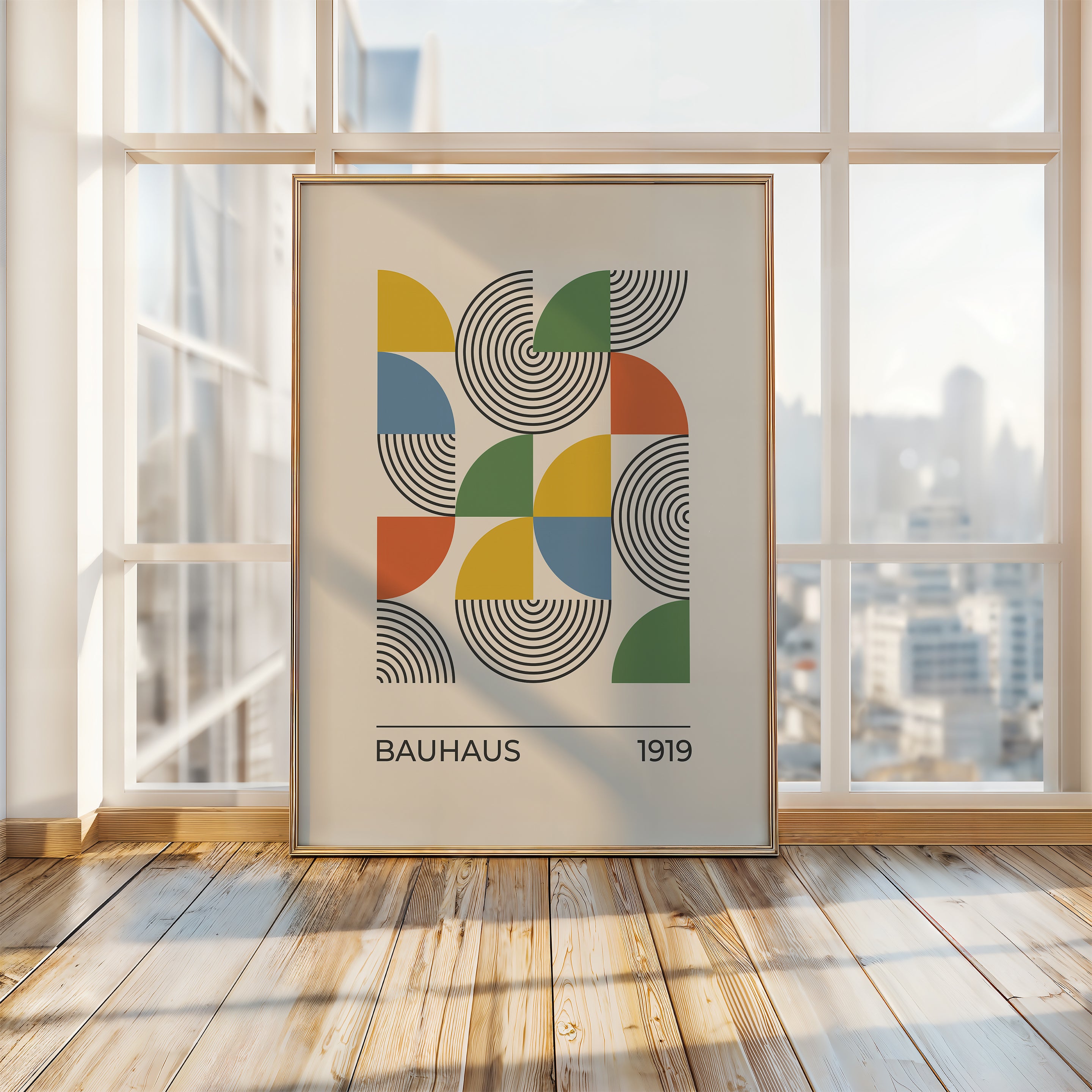 Bauhaus art print showcasing modern geometric design with vibrant colors in a stylish interior setting.
