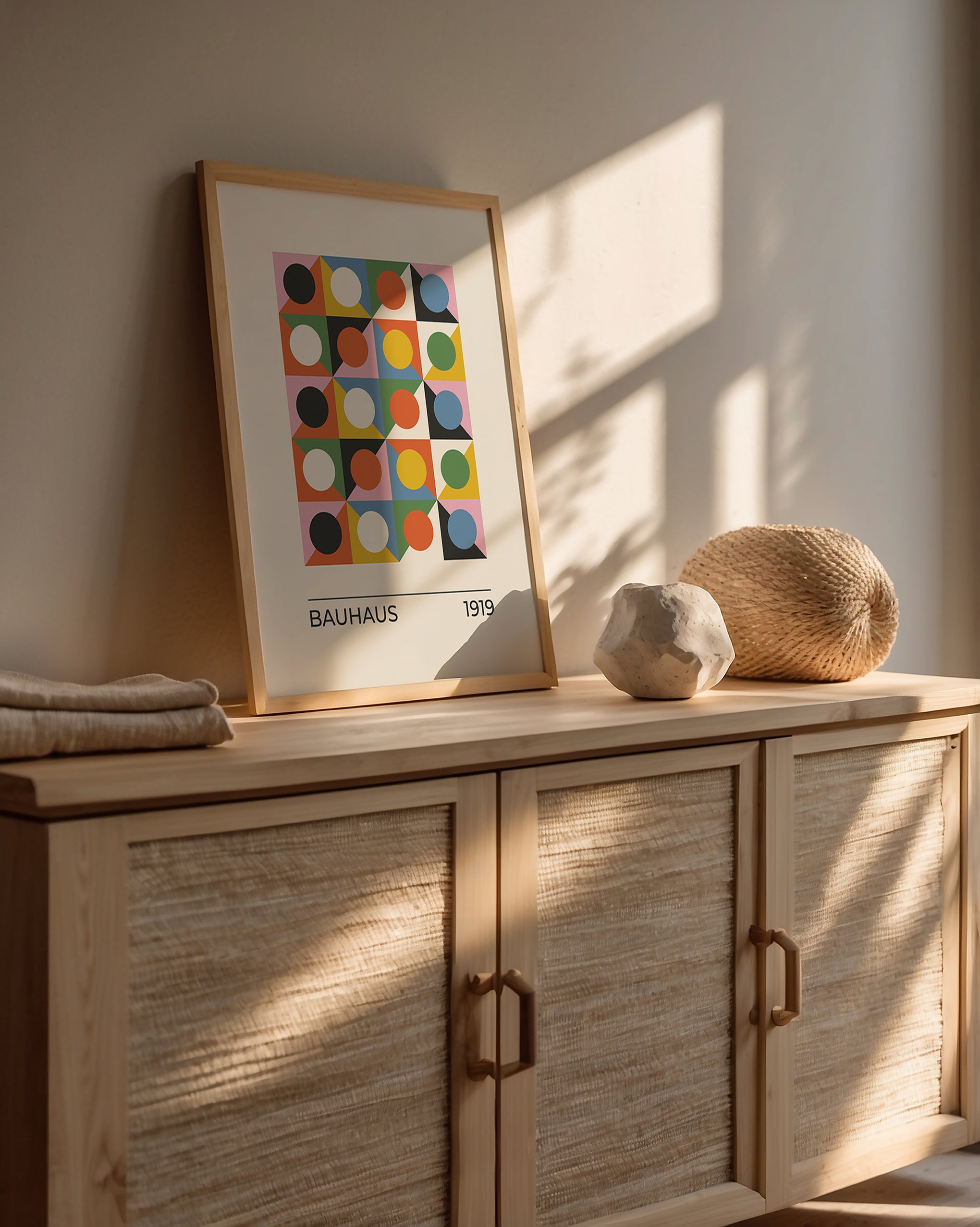 Bauhaus art print showcasing bold colors and geometry in a modern interior decor setting.