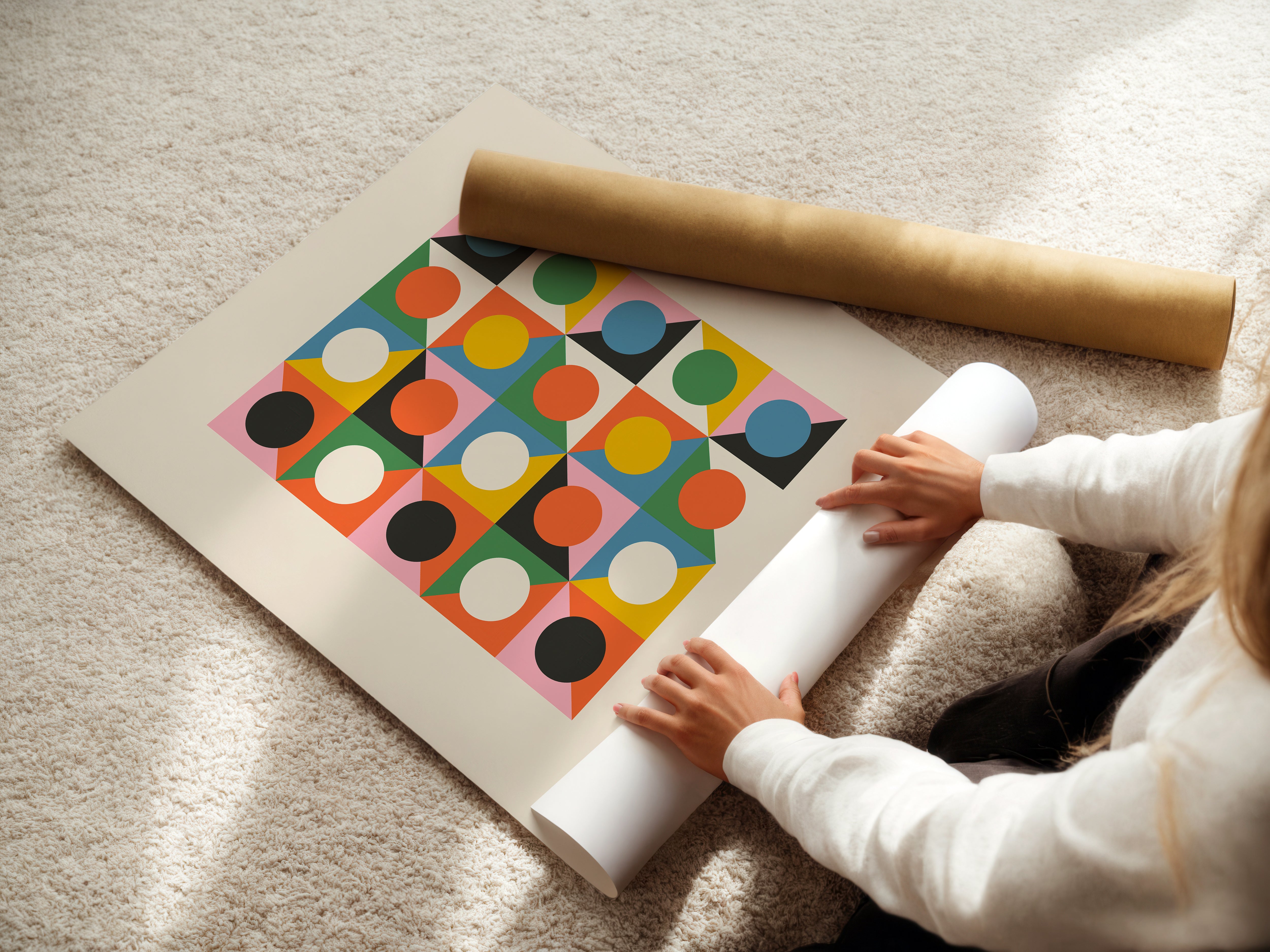 Person unrolling a Bauhaus art print featuring geometric shapes and vibrant colors on a light carpet.