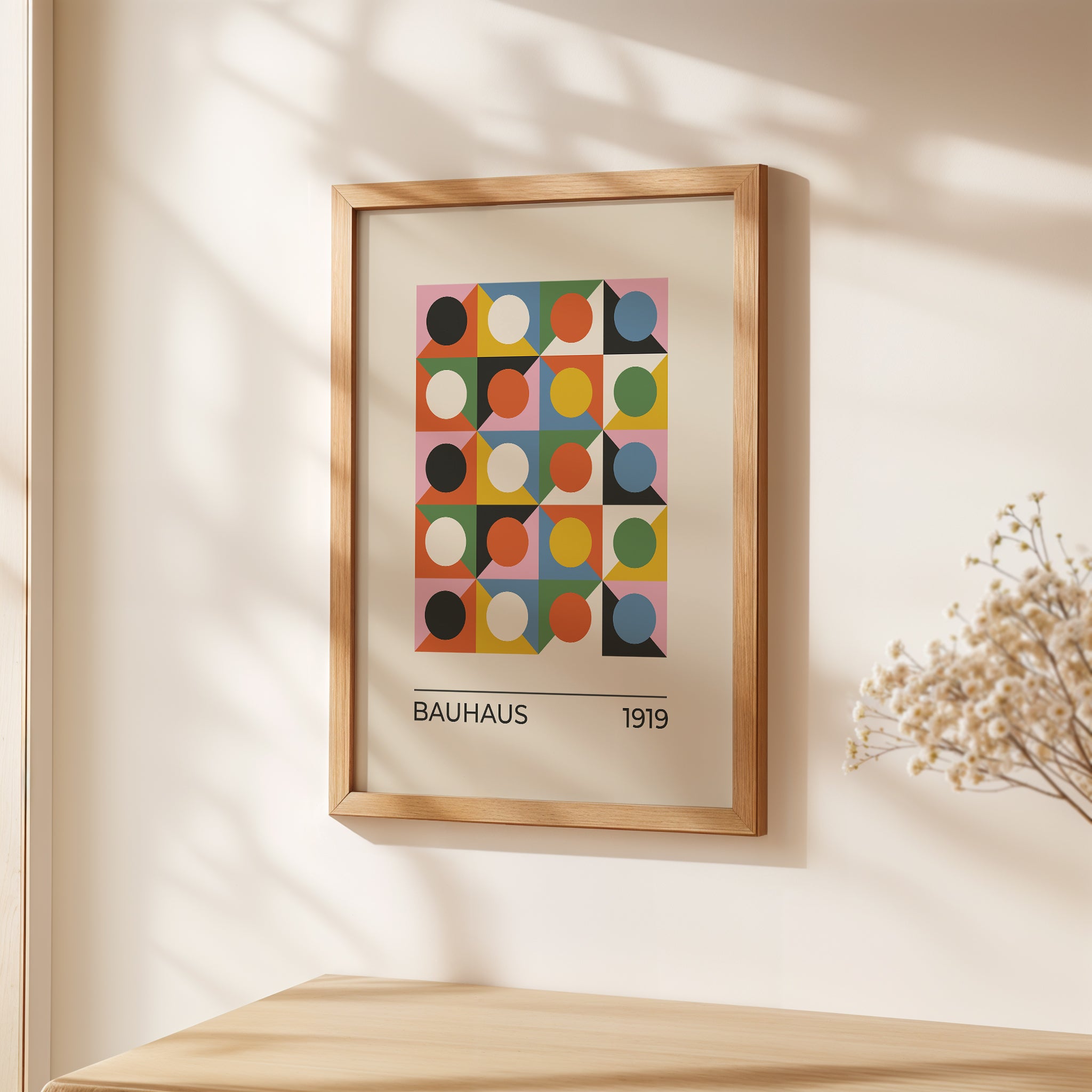 Bauhaus art print featuring vibrant geometric shapes and bold colors, perfect for modern and minimalist interiors.