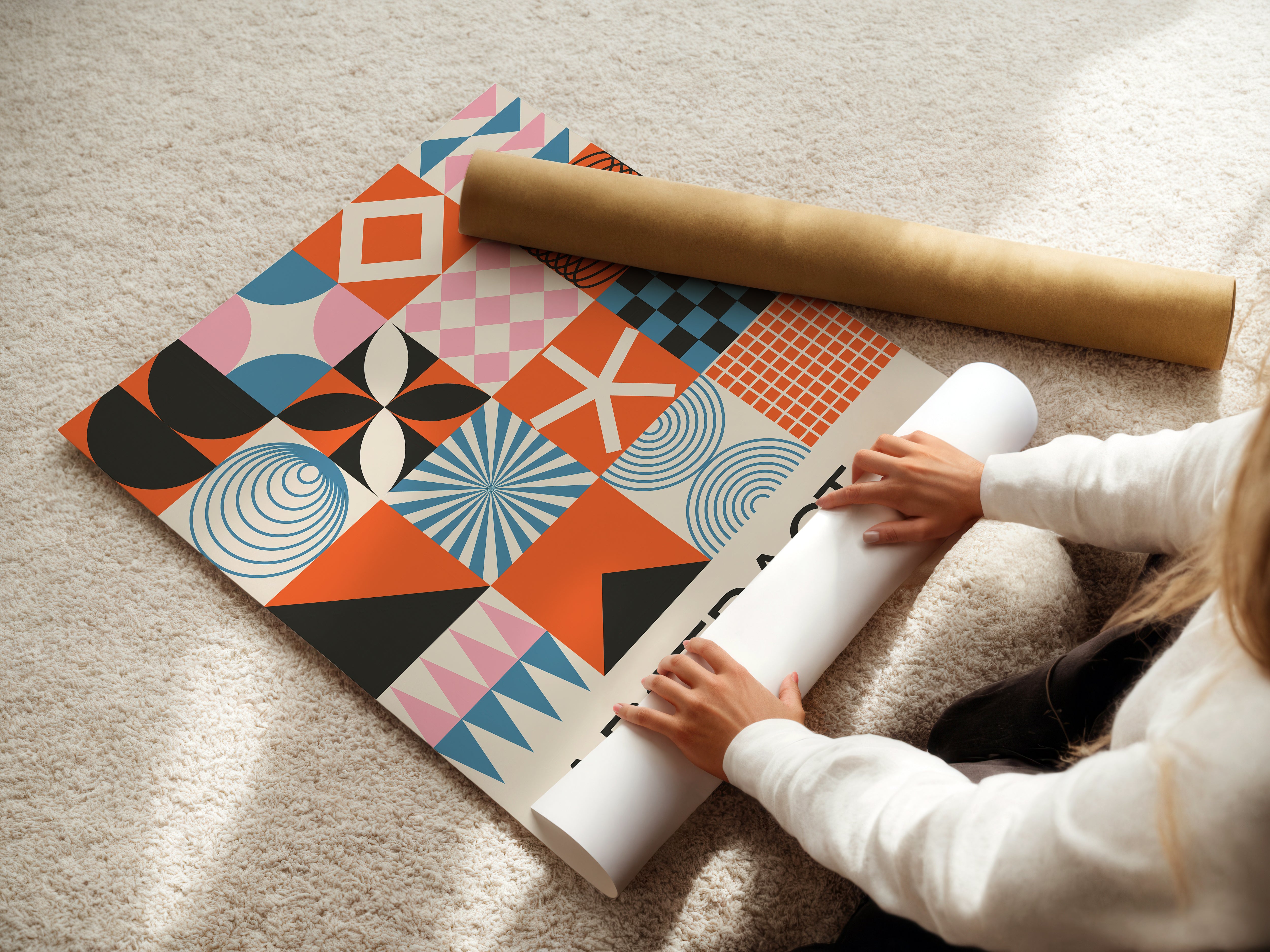 Woman unrolling vibrant Bauhaus modern art print with geometric patterns on textured carpet.