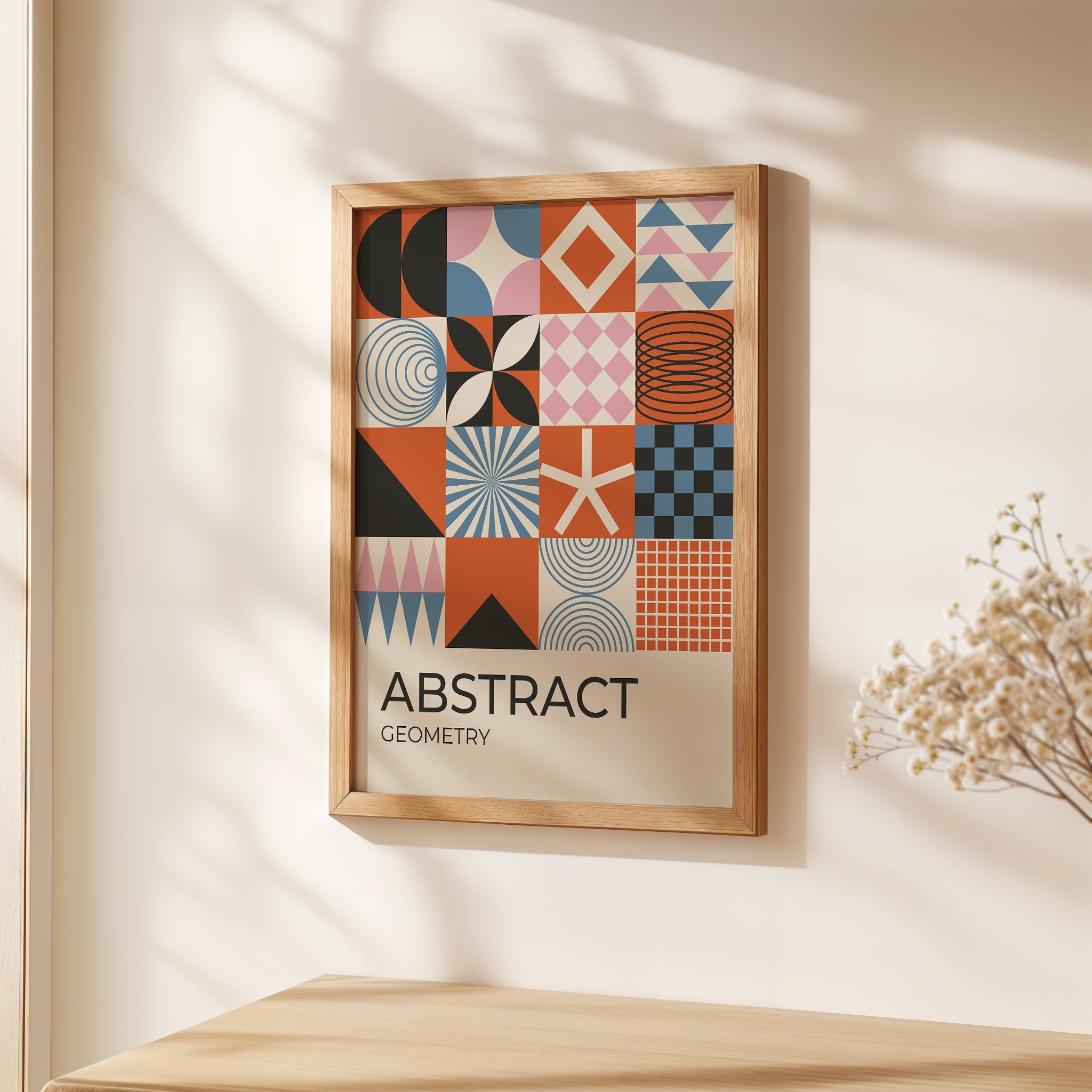 Bauhaus-inspired abstract geometric art print with colorful patterns and shapes, perfect for modern decor.