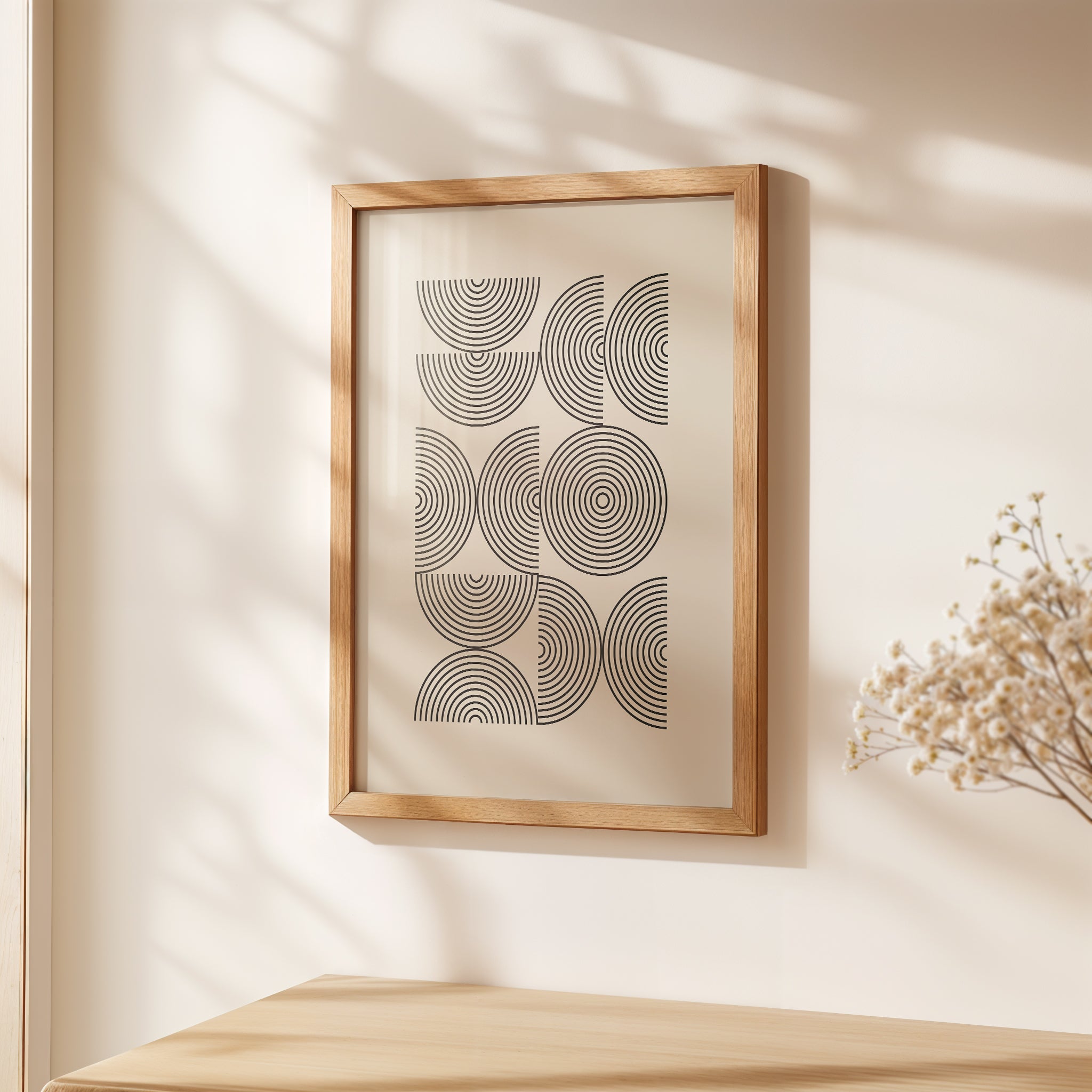 Bauhaus-inspired art print with concentric circles in a modern wooden frame, showcasing minimalist design.