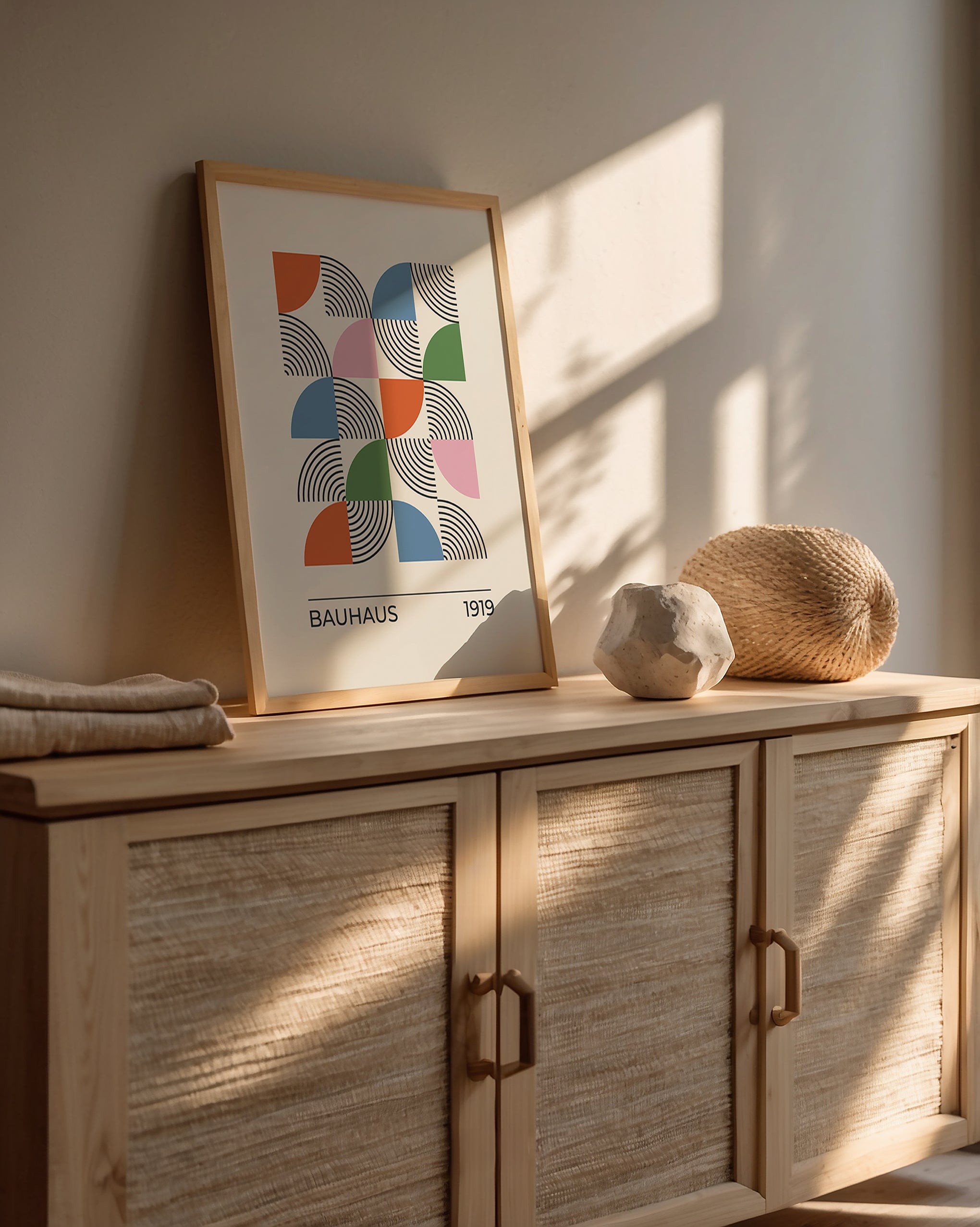 Modernist Mosaic art print showcasing Bauhaus design with semicircles and arcs in vibrant colors.