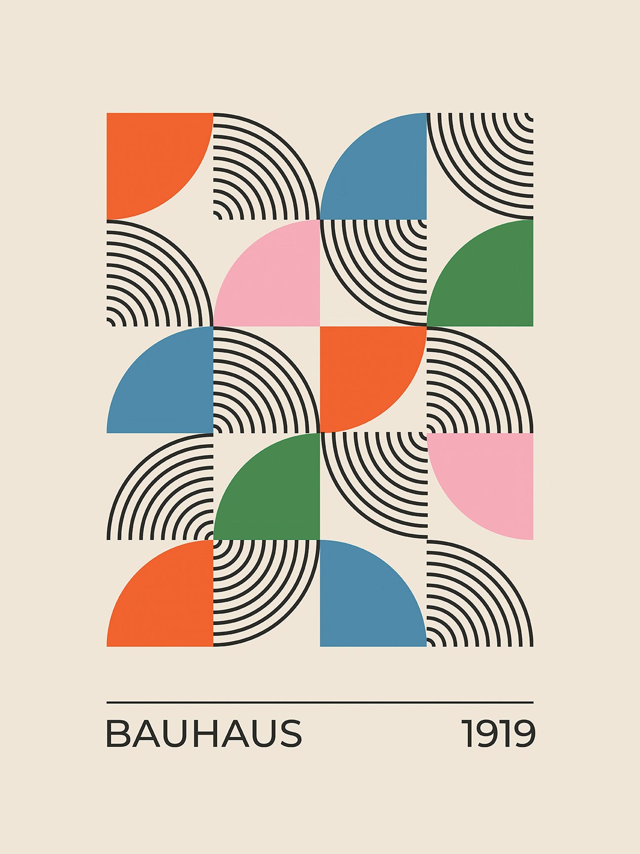 Bold Bauhaus design featuring colorful semicircles and stripes in playful geometric composition, 1919.