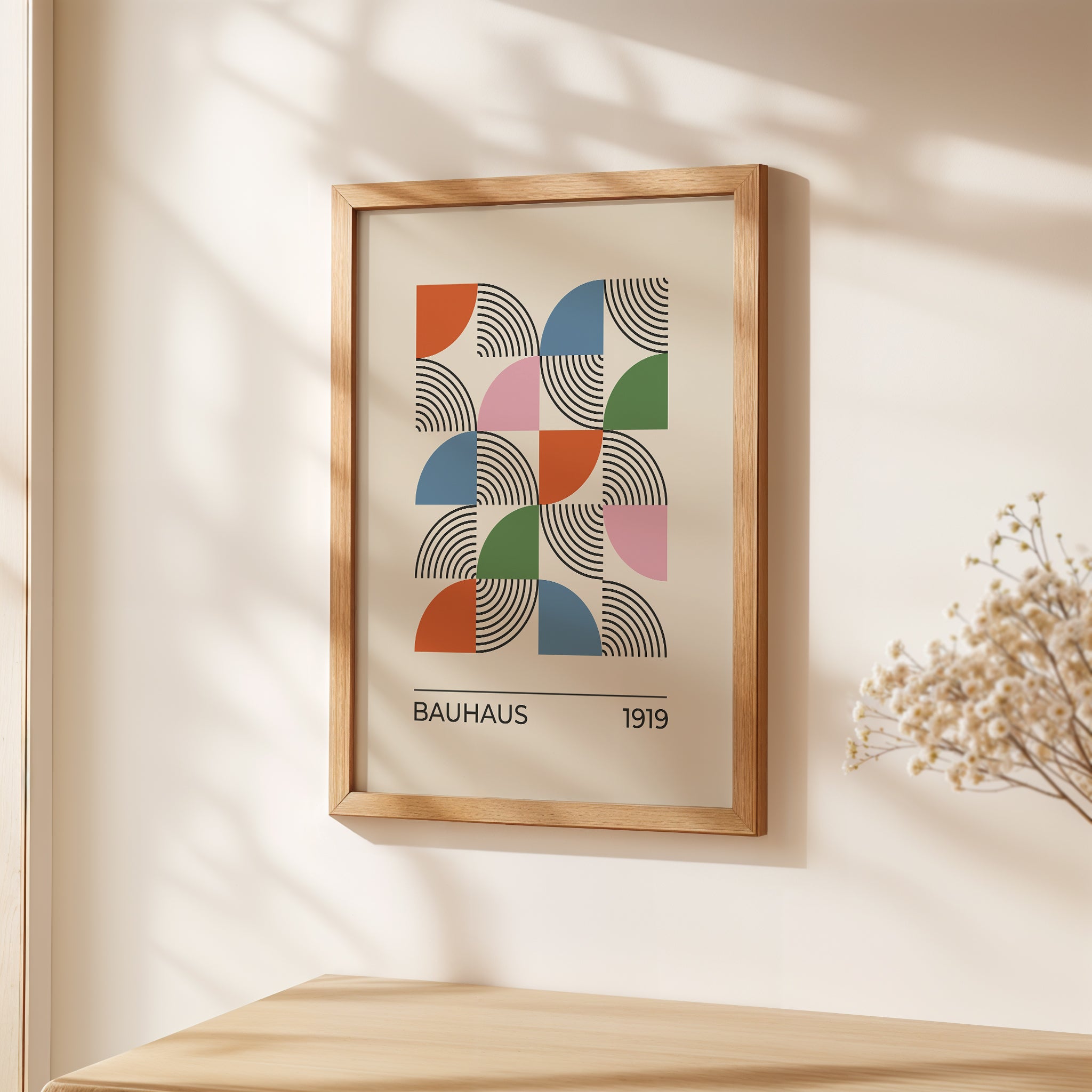 Modernist Mosaic art print in Bauhaus style featuring vibrant colors and geometric shapes.