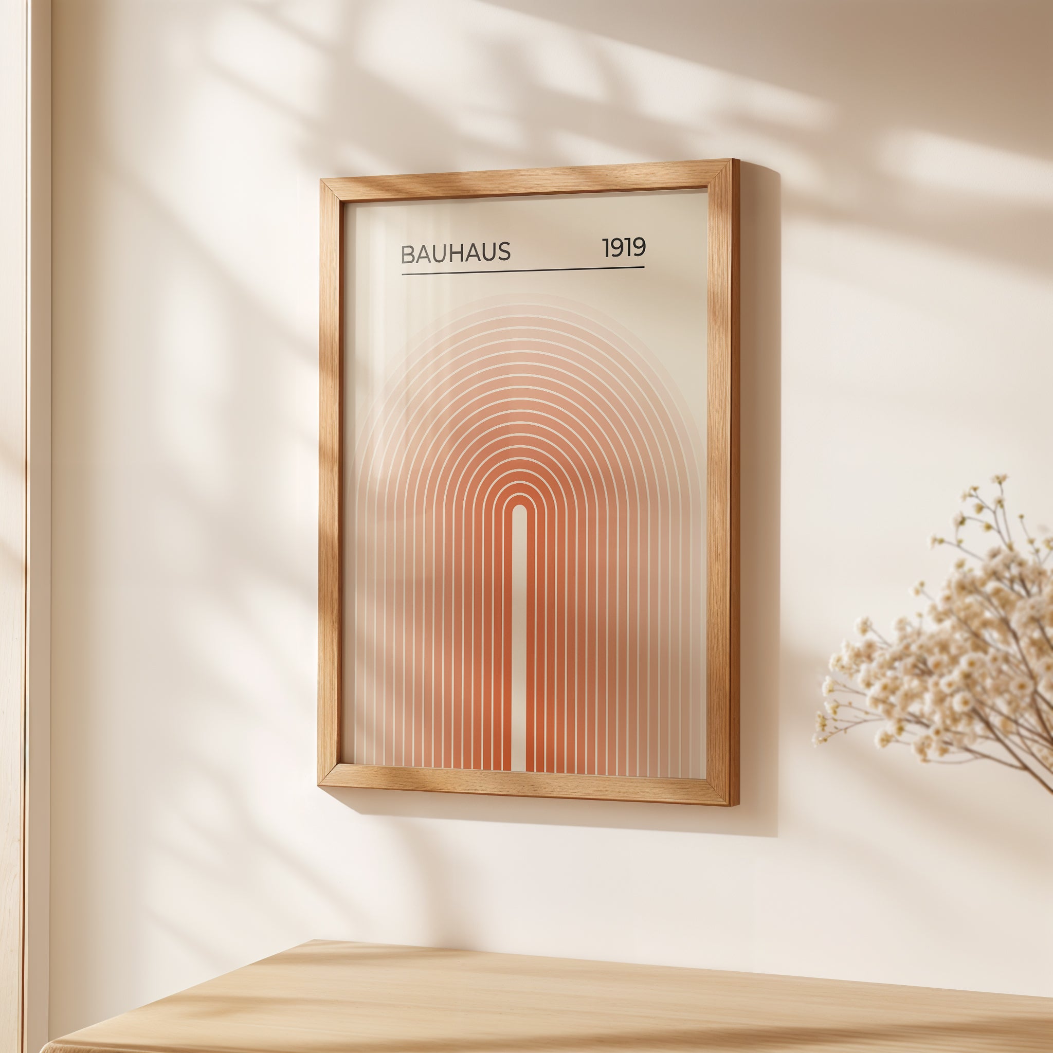 Bauhaus wall art print featuring concentric arches in warm gradient from orange to peach, exemplifying modern art.