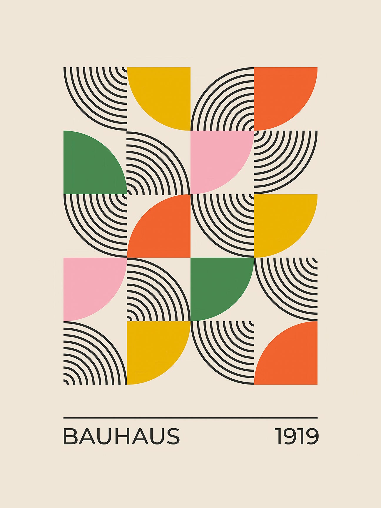 Geometric wall art print inspired by Bauhaus design featuring colorful semicircles and bold patterns.