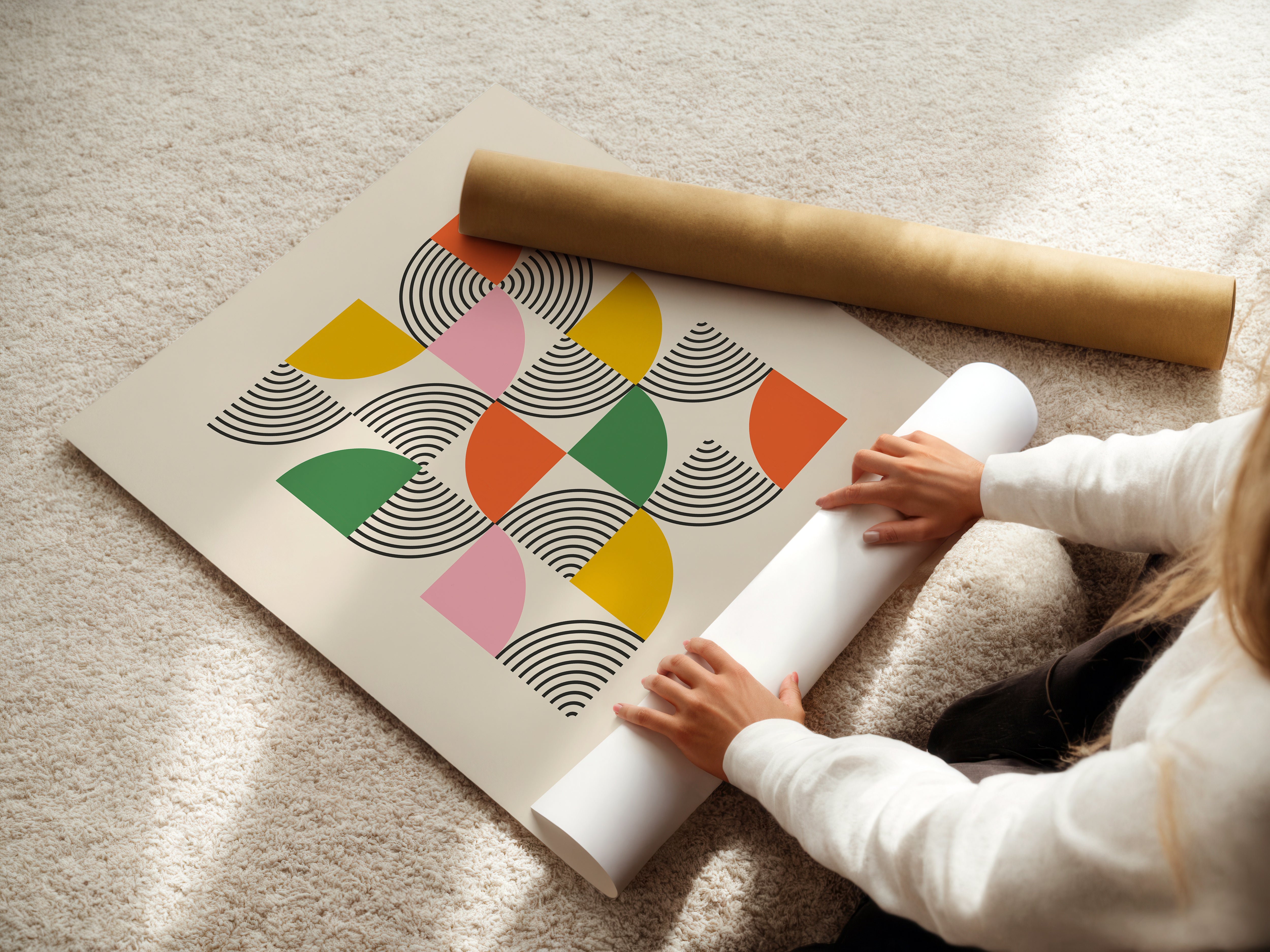 Modern art print 'Geometric Bloom' showcasing Bauhaus inspired colors and shapes, ideal for vibrant wall decor.
