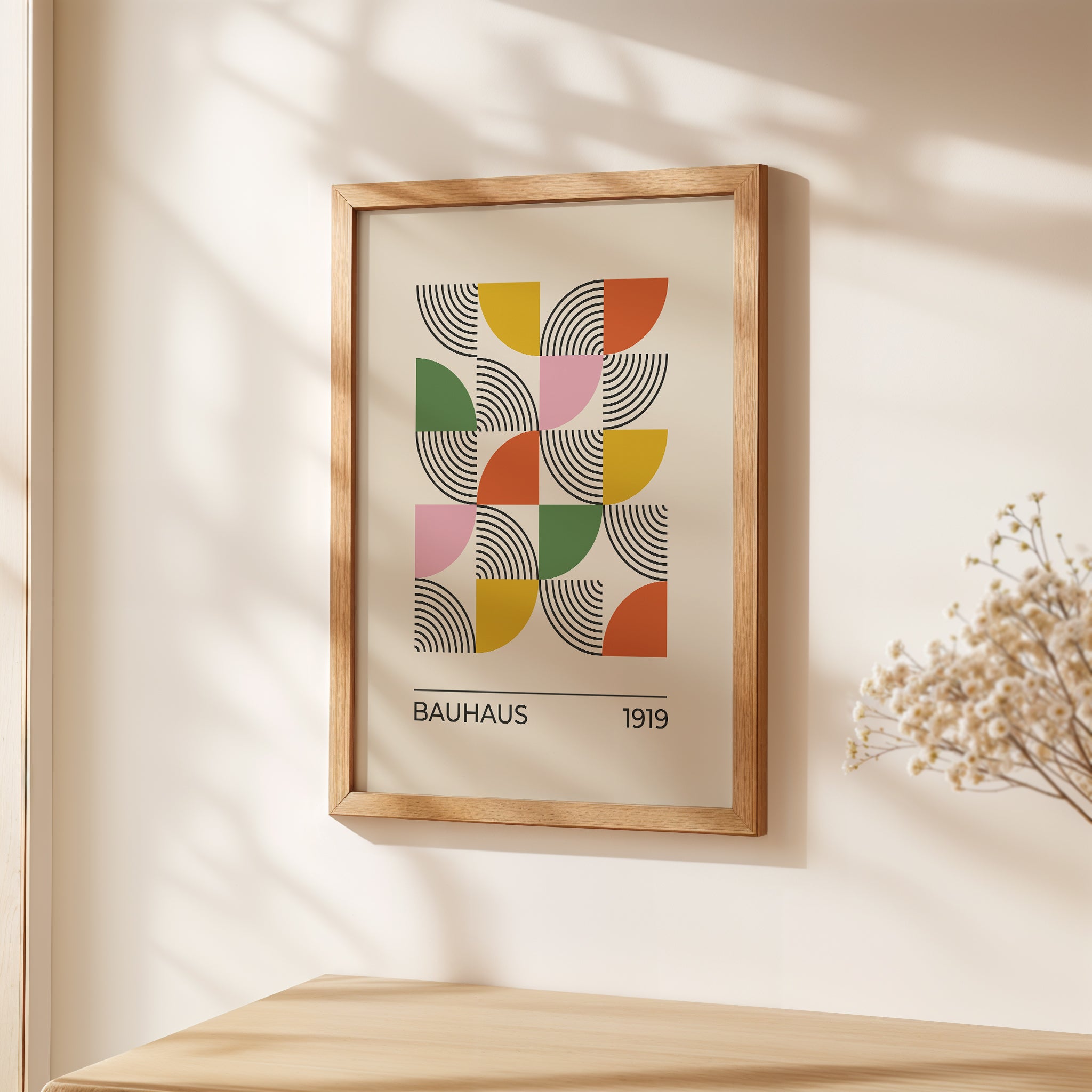 Bauhaus-inspired wall art print with vibrant geometric shapes and bold colors, showcasing modern art design.
