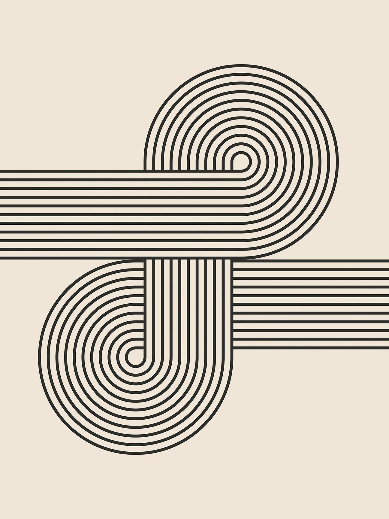 Bauhaus-inspired black-and-ivory abstract art print featuring geometric curved lines and circular forms.