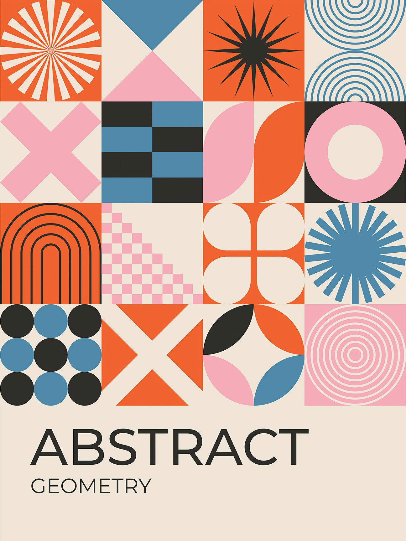 Abstract geometry art print featuring Bauhaus-inspired shapes in vibrant colors.