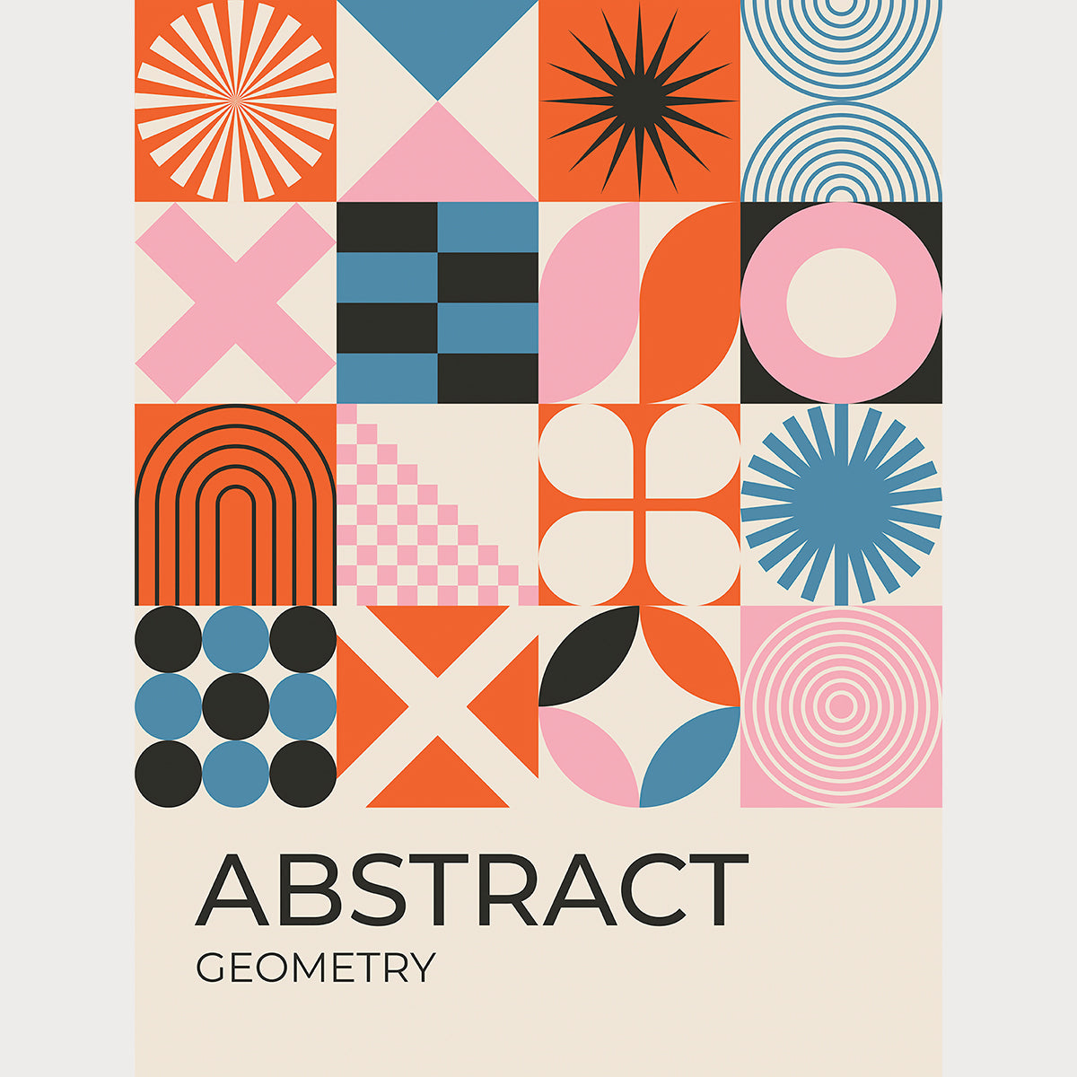 Bauhaus Icons art print featuring geometric shapes in terracotta, blush, black, and blue.