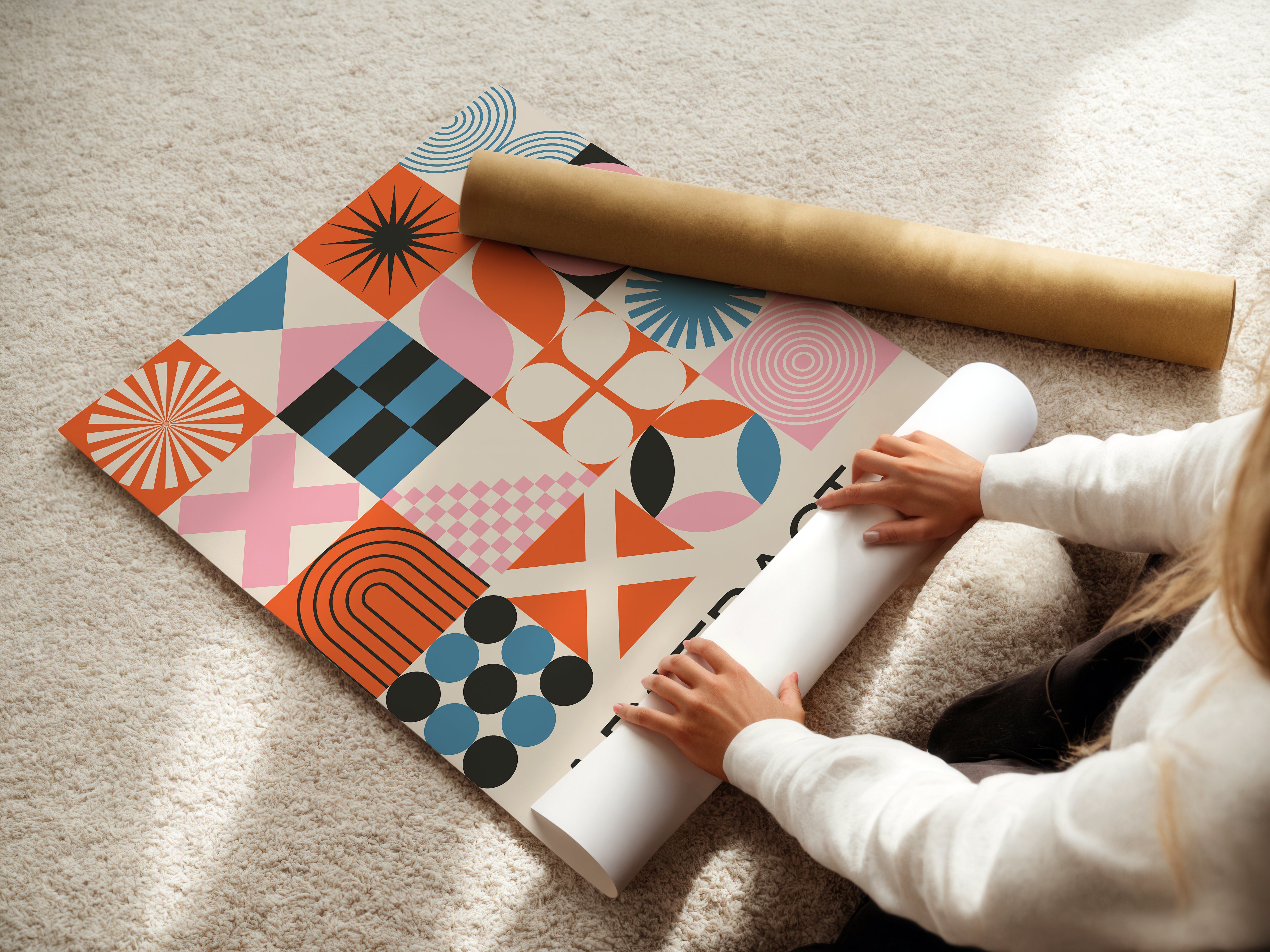 Art print featuring Bauhaus icons in geometric shapes and vibrant colors laid out on a light carpet.