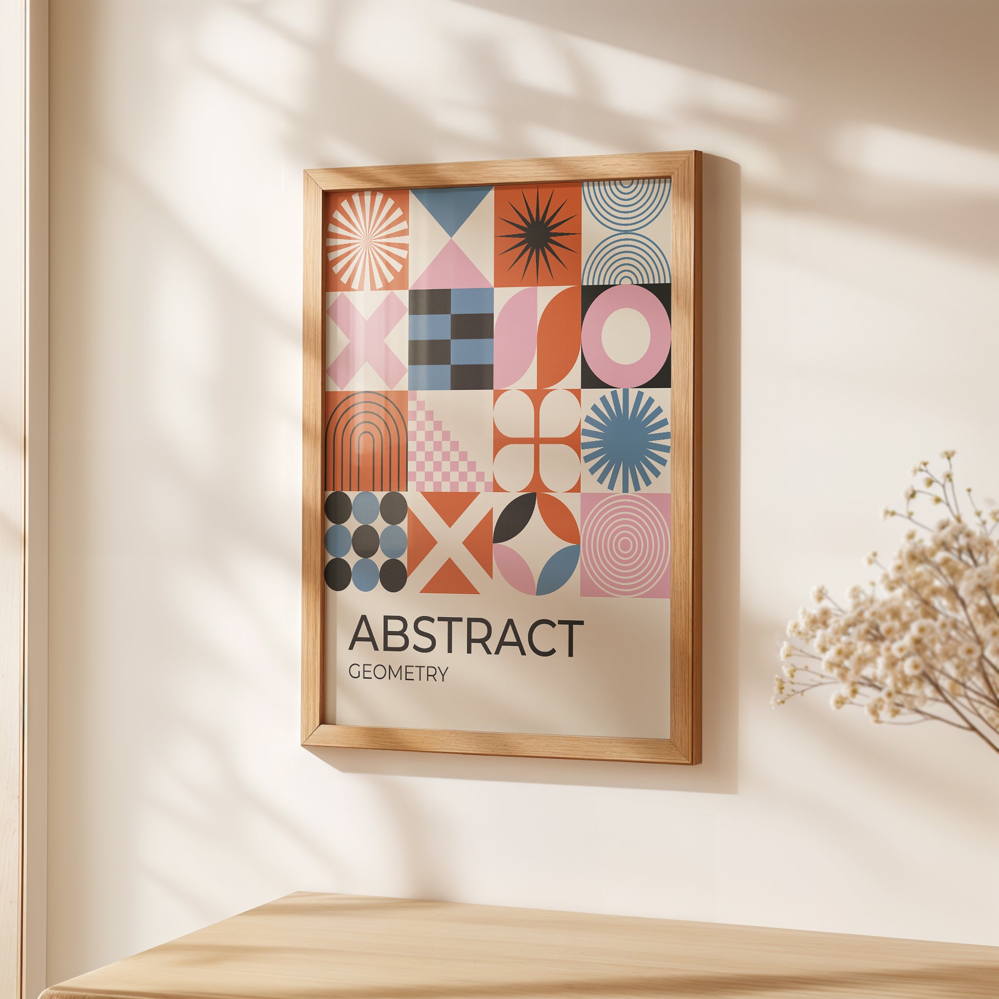 Bauhaus-inspired art print featuring abstract geometric shapes in terracotta, blush, and blue.
