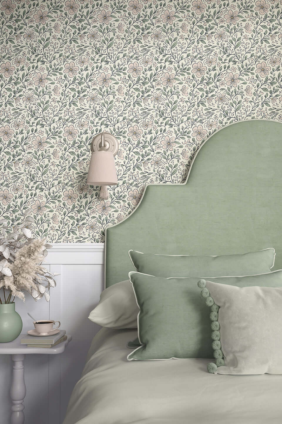 Enchanted Blossoms wallpaper in a cottagecore bedroom setting with floral design, ideal for nursery or playroom décor.
