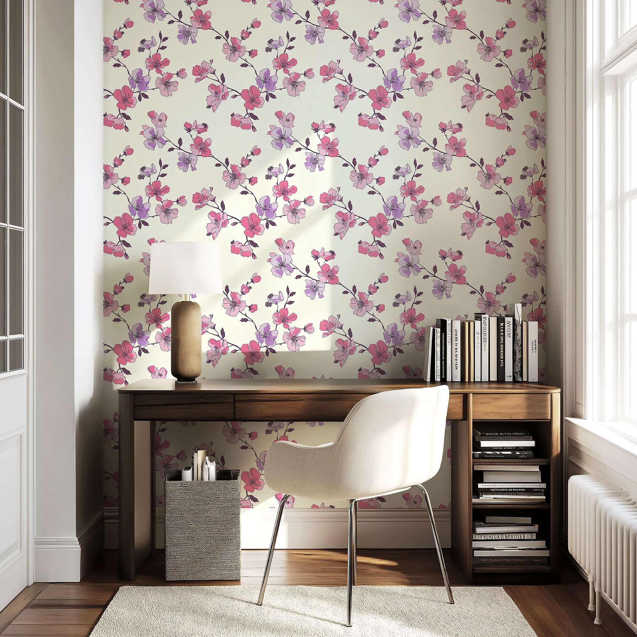 Elegant room with modern "Botanical Blush" wallpaper featuring pink and lilac floral branches, enhancing contemporary home décor.