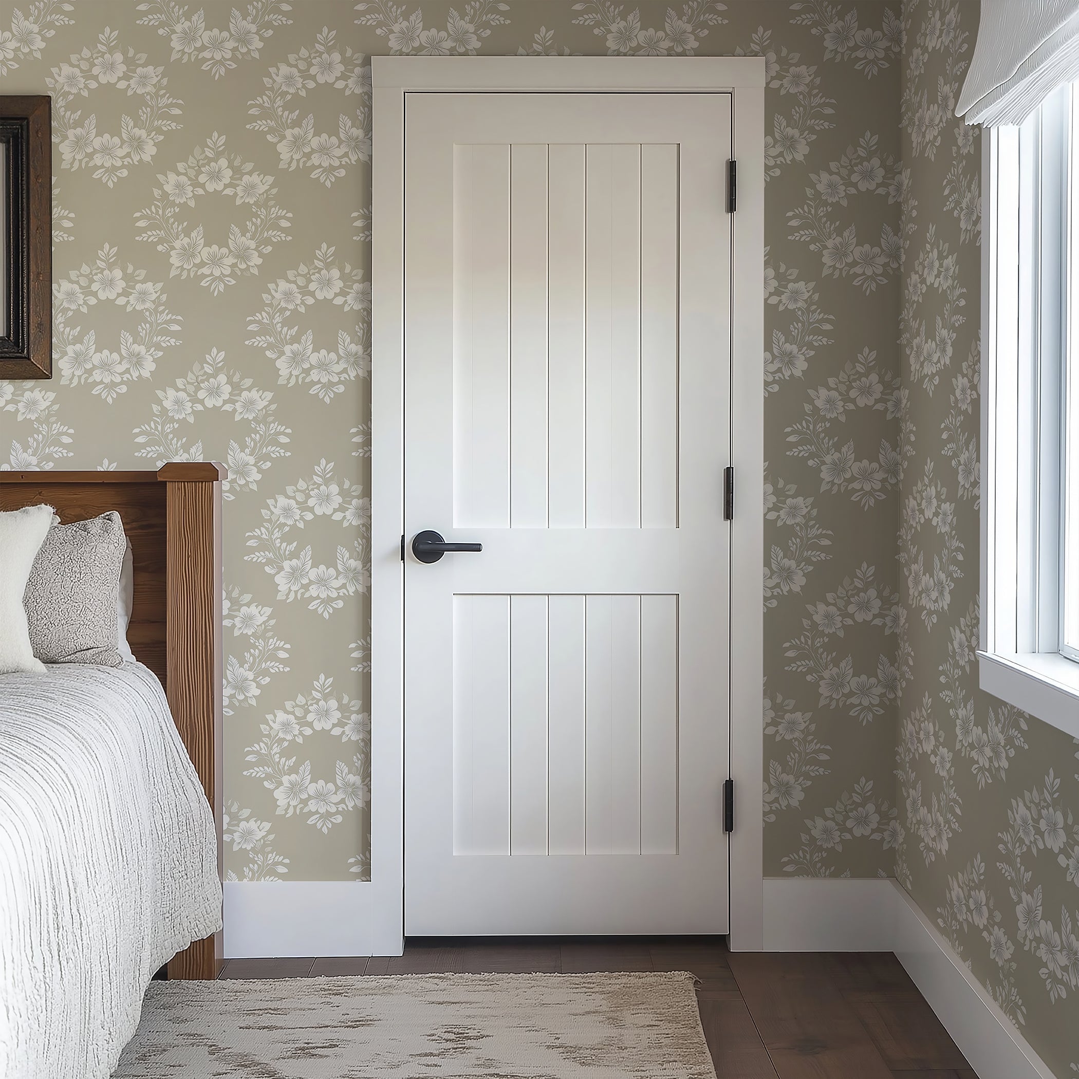 White floral laurel wreath wallpaper on a beige wall in a bedroom, adding traditional elegance with botanical accents.