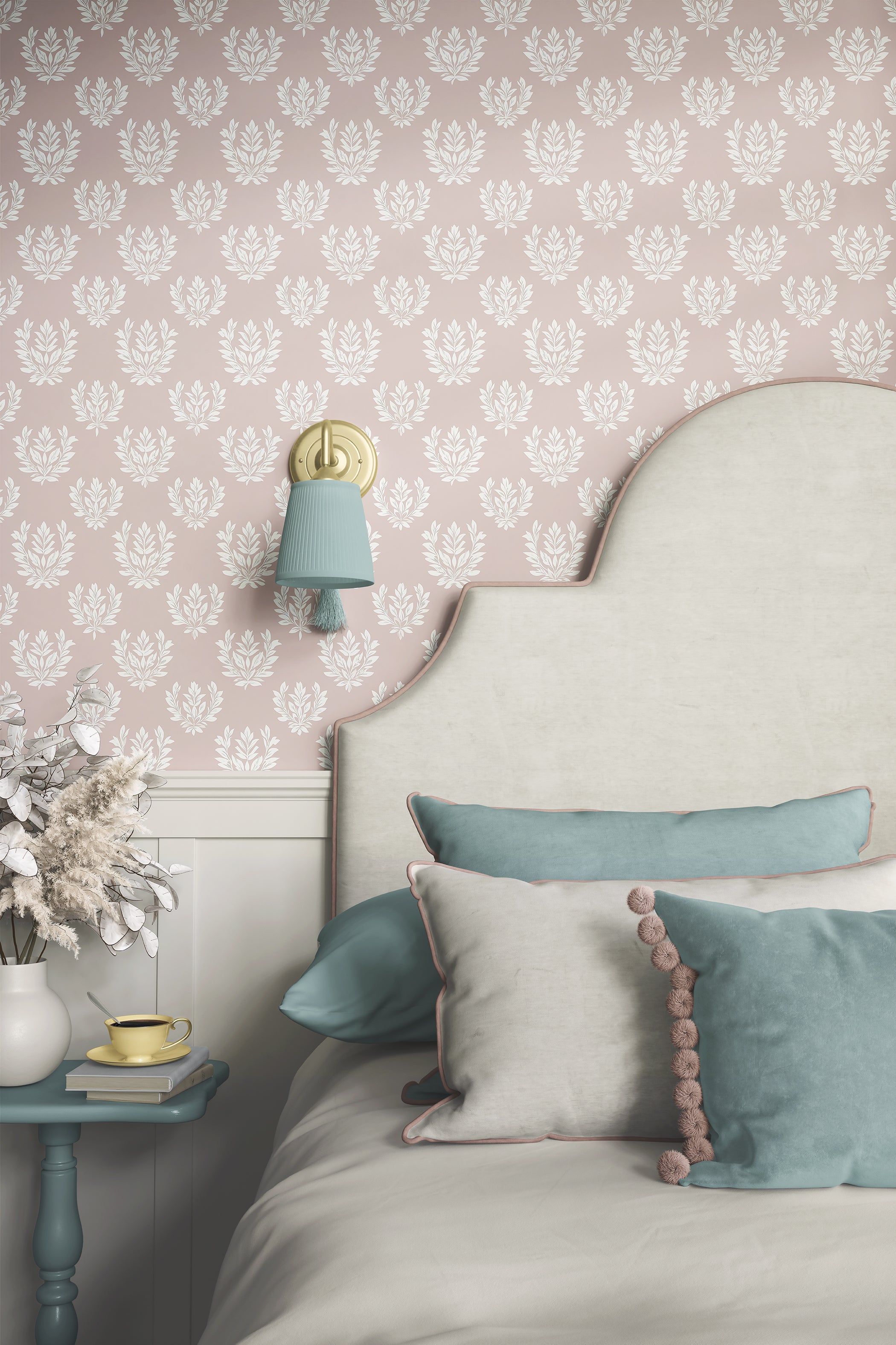 Graceful Garden Wreaths Wallpaper with laurel wreath motifs in ivory on blush, enhancing a cozy bedroom's traditional elegance.